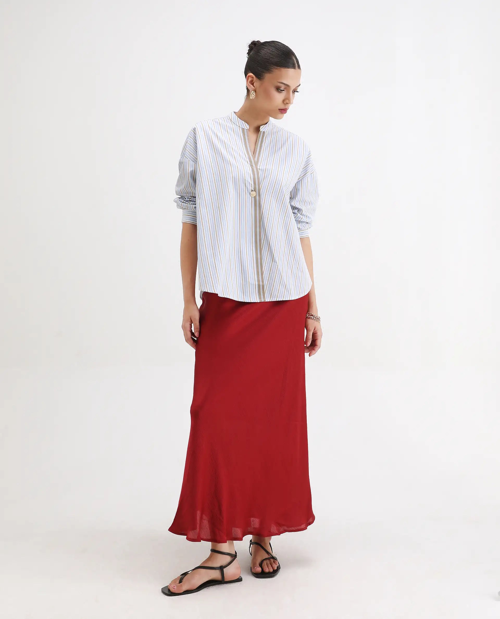 Rareism Women's Buqo Light Blue Cotton Cuffed Sleeve Mandarin Collar Regular Fit Shirt