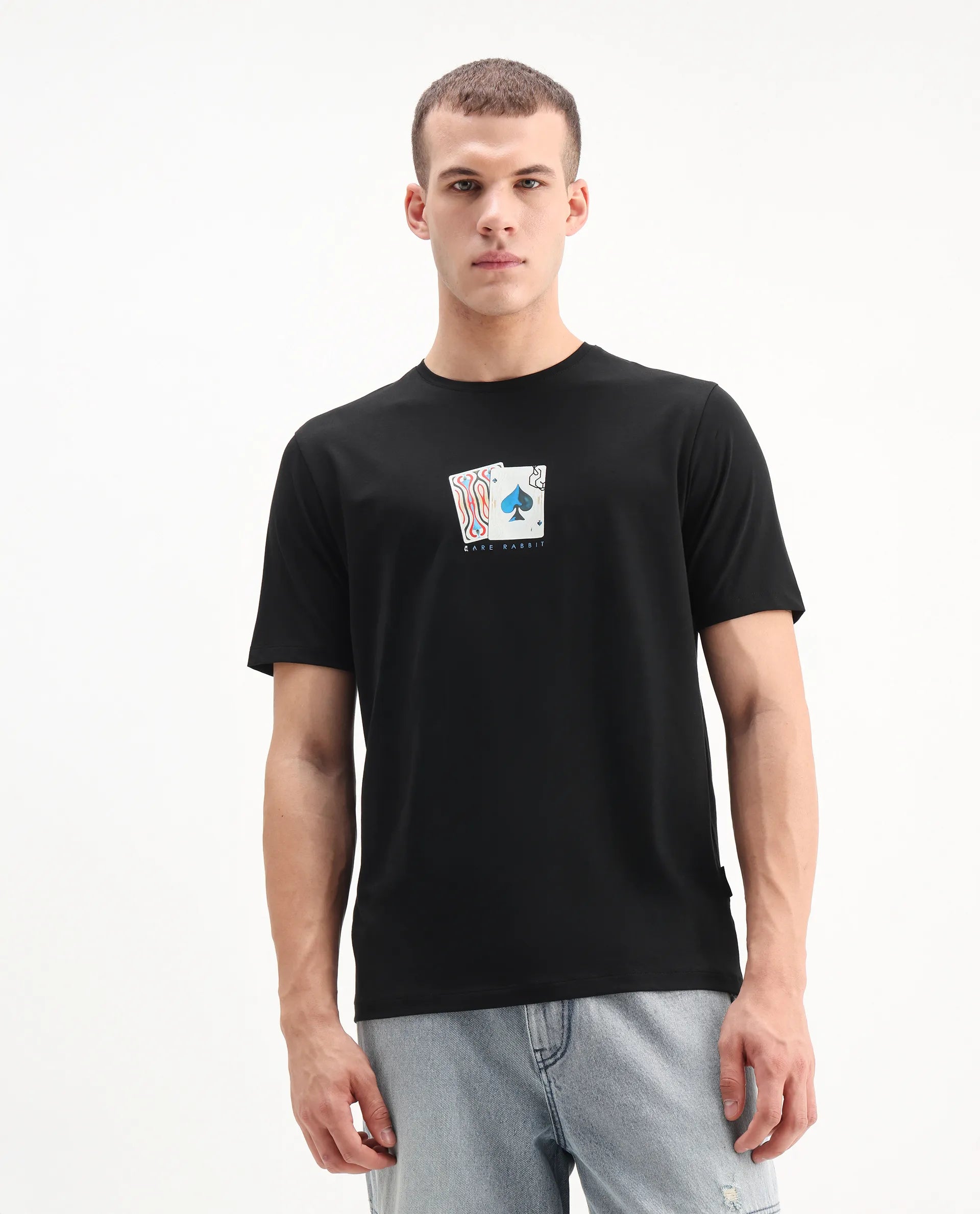 Rare Rabbit Men's Burc Black Cotton Blend Graphic Print Regular Fit Half Sleeve Crew Neck T-Shirt