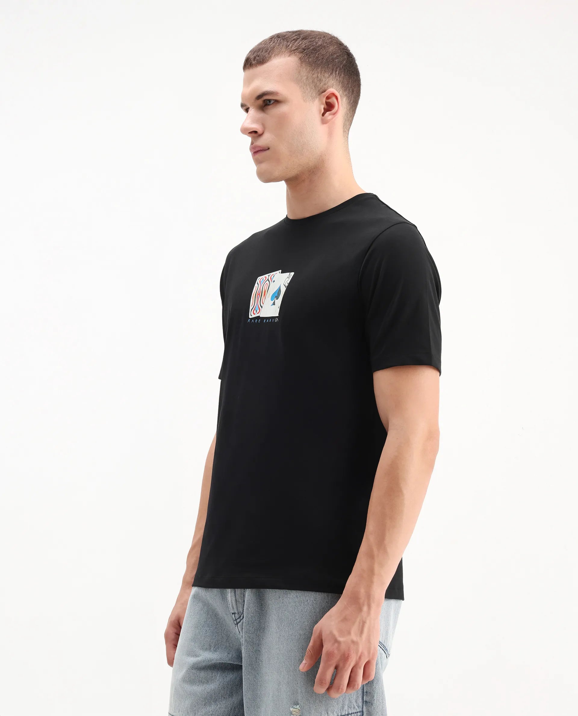 Rare Rabbit Men's Burc Black Cotton Blend Graphic Print Regular Fit Half Sleeve Crew Neck T-Shirt