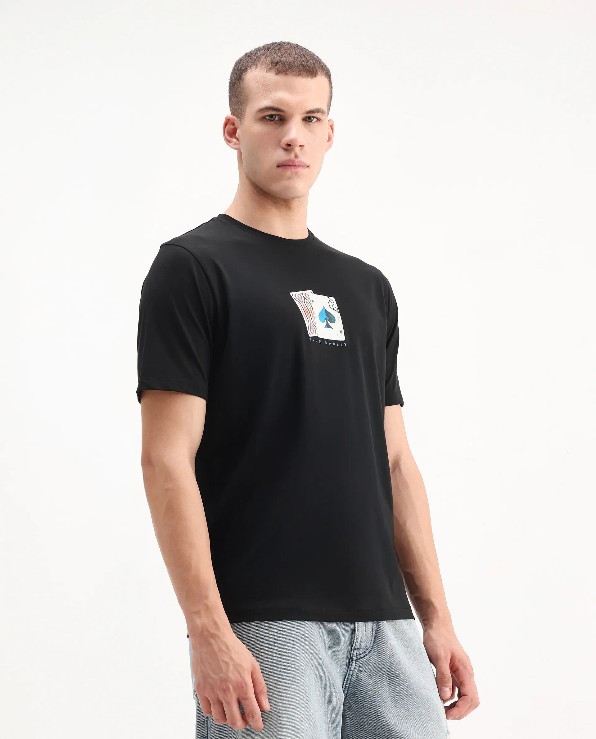 Rare Rabbit Men's Burc Black Cotton Blend Graphic Print Regular Fit Half Sleeve Crew Neck T-Shirt