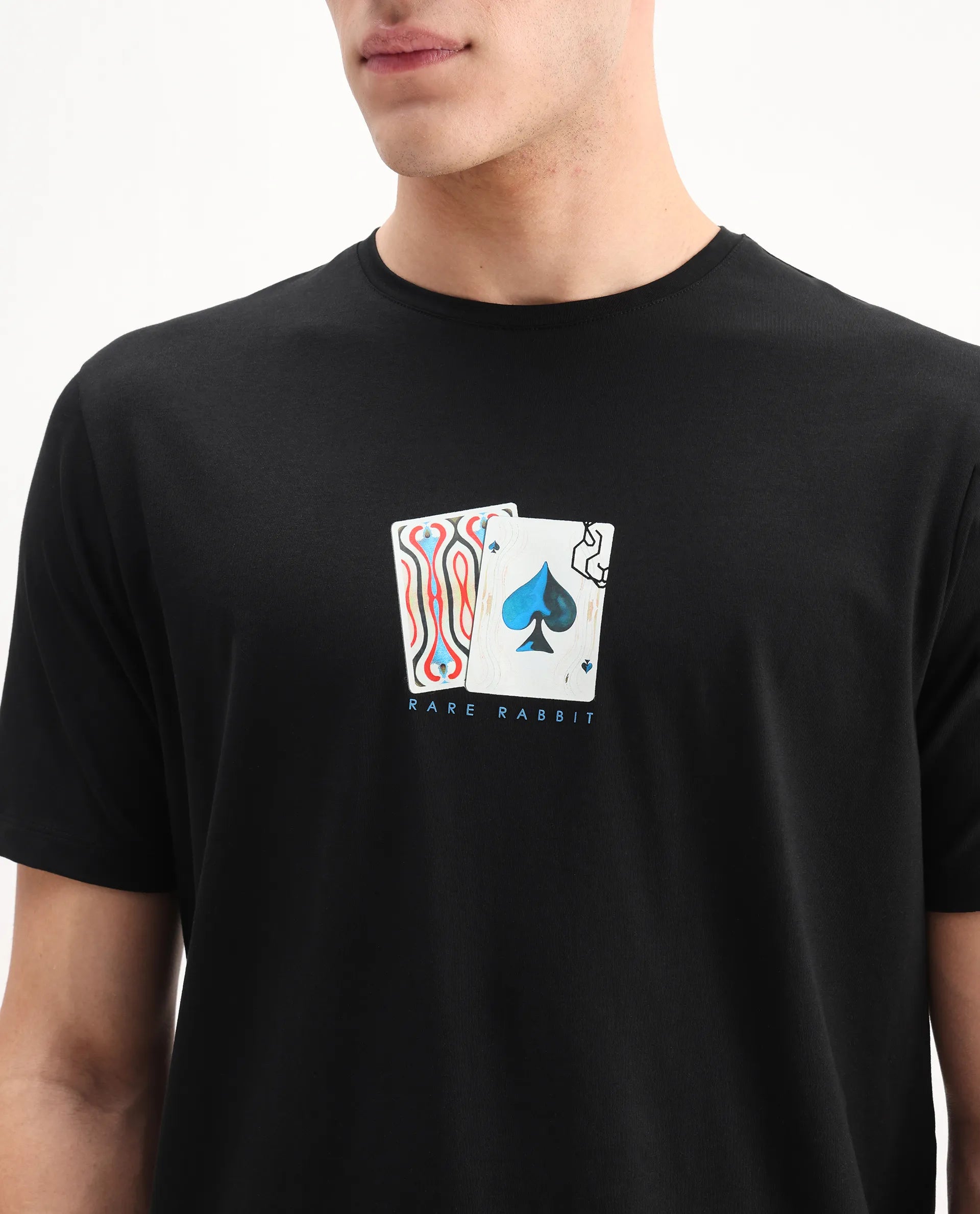 Rare Rabbit Men's Burc Black Cotton Blend Graphic Print Regular Fit Half Sleeve Crew Neck T-Shirt