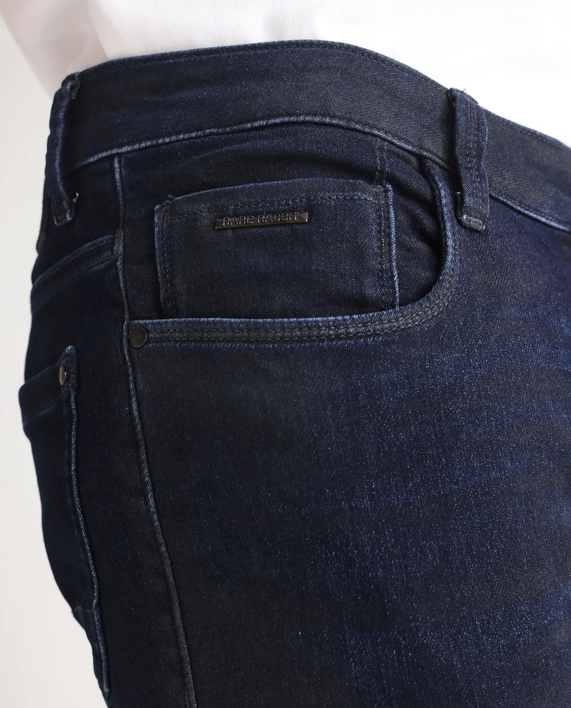 Rare Rabbit Men's Burd Blue Cotton Plain Hawk Slim Fit Jeans