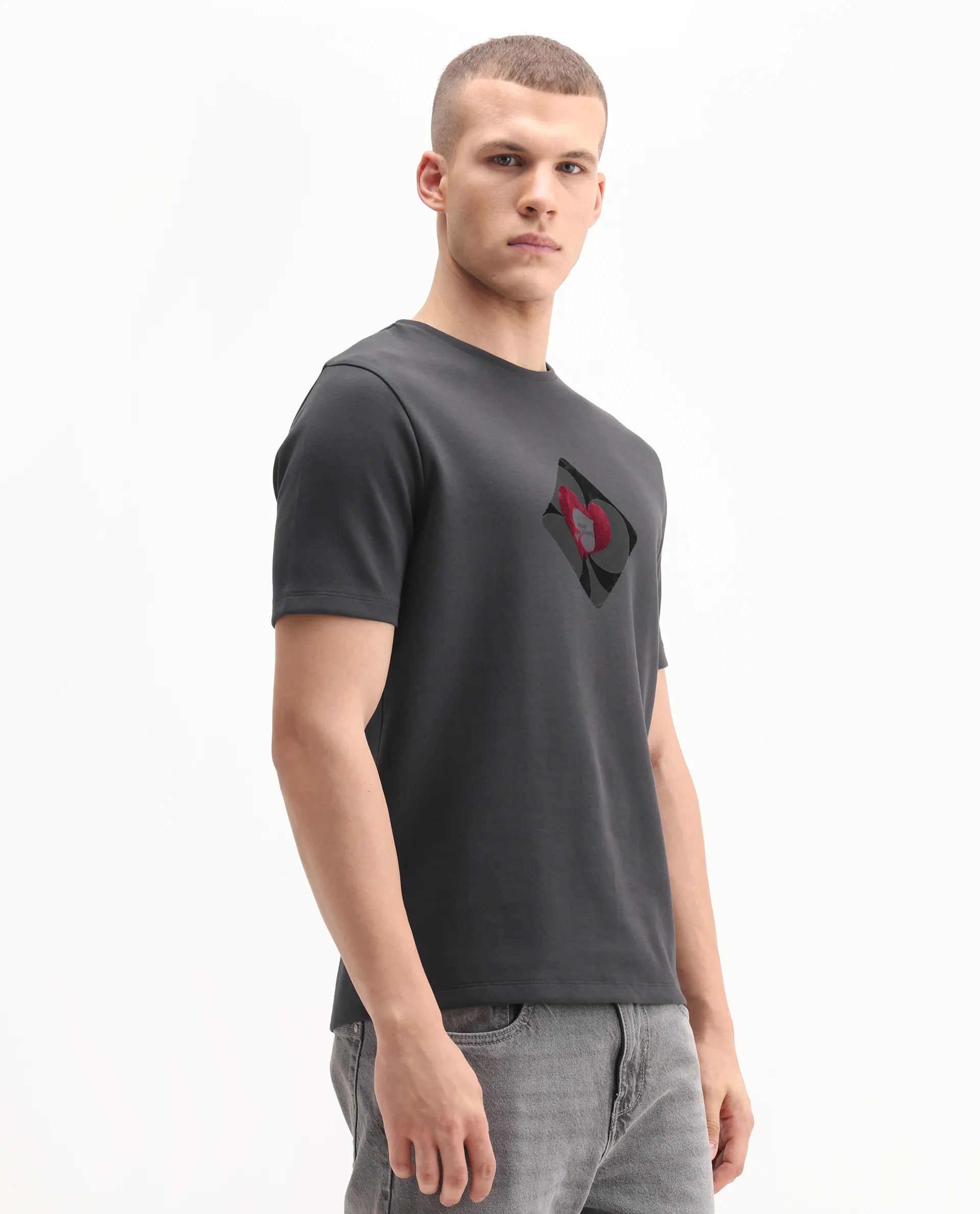 Rare Rabbit Men's Burg Dark Grey Cotton Blend Graphic Print Regular Fit Half Sleeve Crew Neck T-Shirt