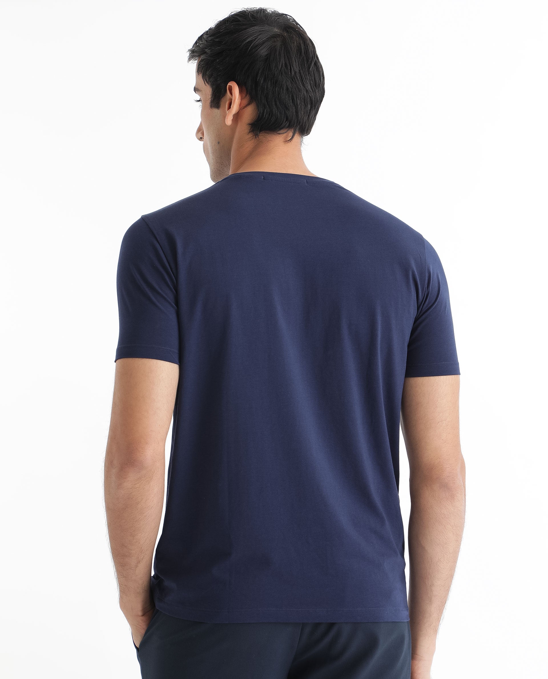 Rare Rabbit Men's Burke Dark Blue Crew Neck Half Sleeves Velvet Branding Regular Fit T-Shirt