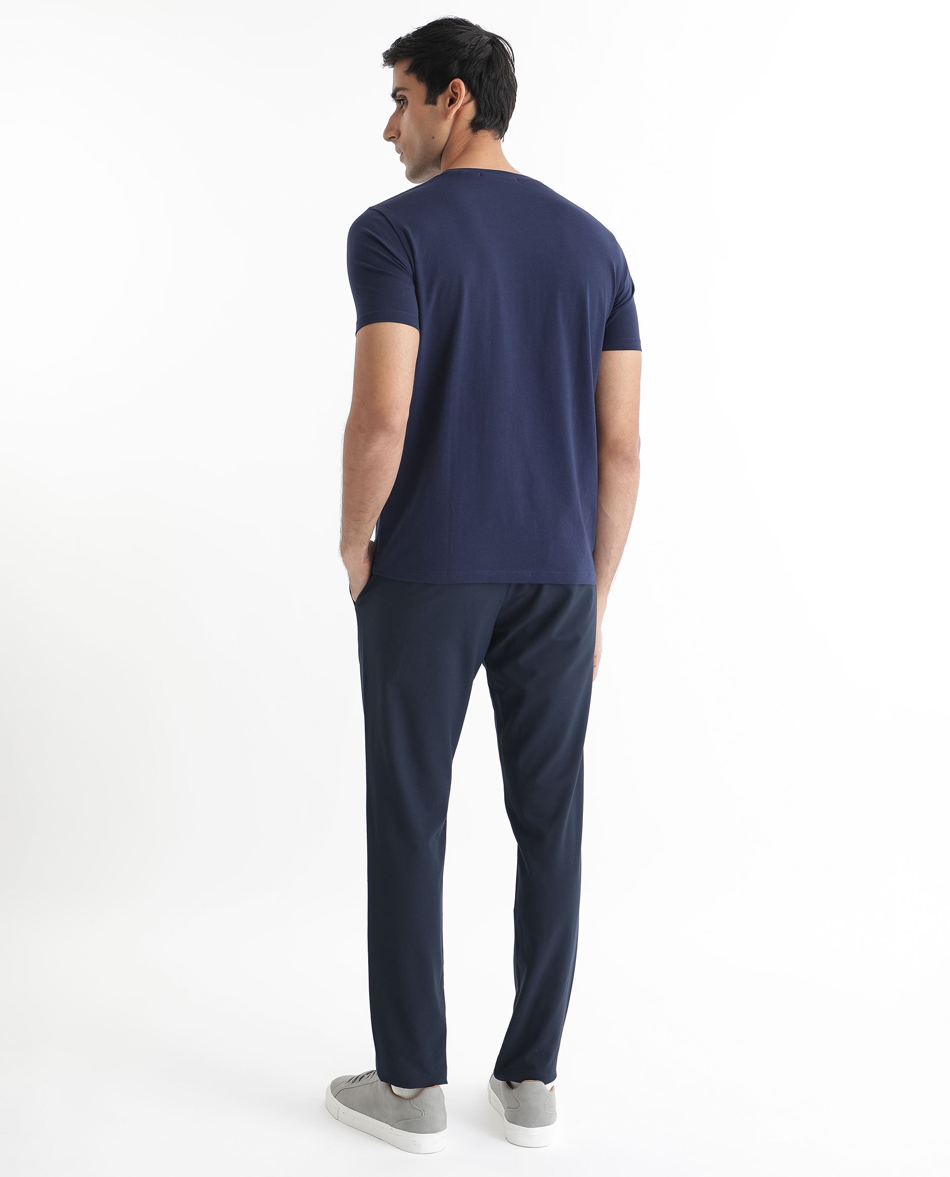 Rare Rabbit Men's Burke Dark Blue Crew Neck Half Sleeves Velvet Branding Regular Fit T-Shirt