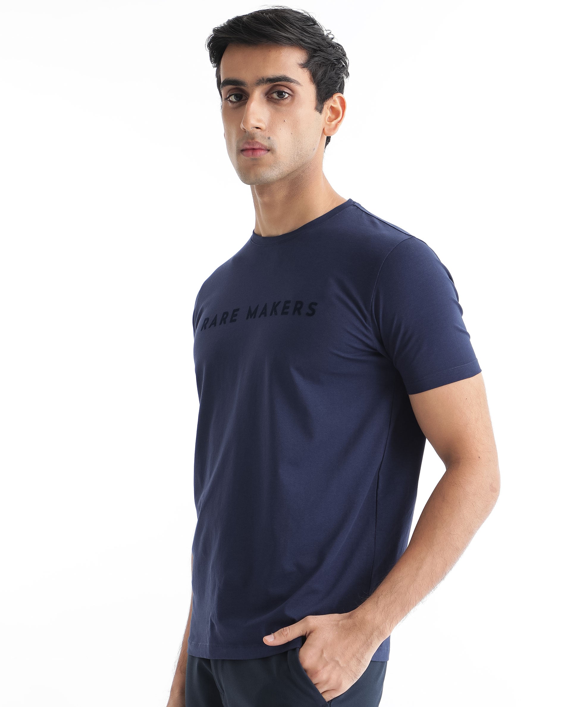 Rare Rabbit Men's Burke Dark Blue Crew Neck Half Sleeves Velvet Branding Regular Fit T-Shirt