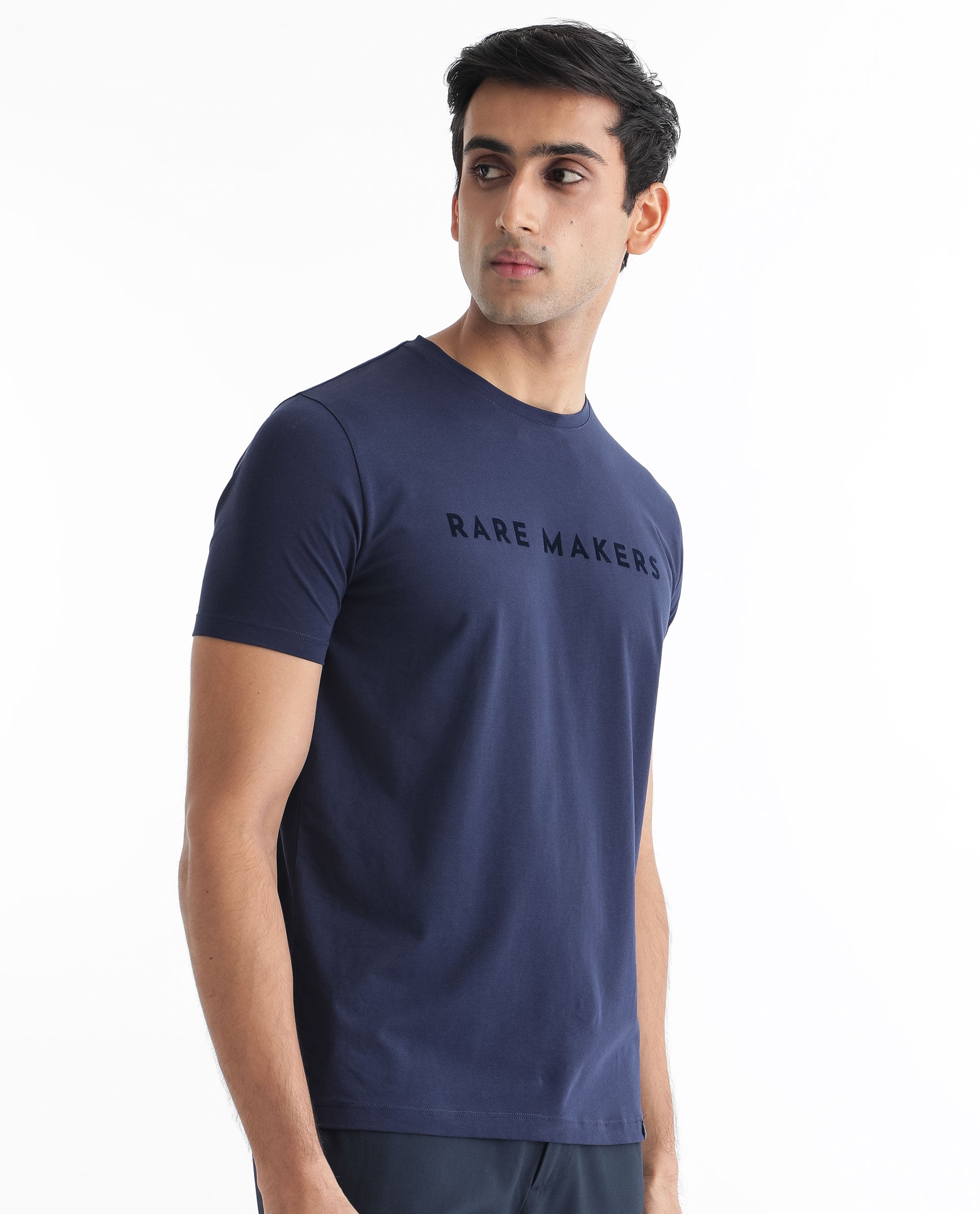 Rare Rabbit Men's Burke Dark Blue Crew Neck Half Sleeves Velvet Branding Regular Fit T-Shirt