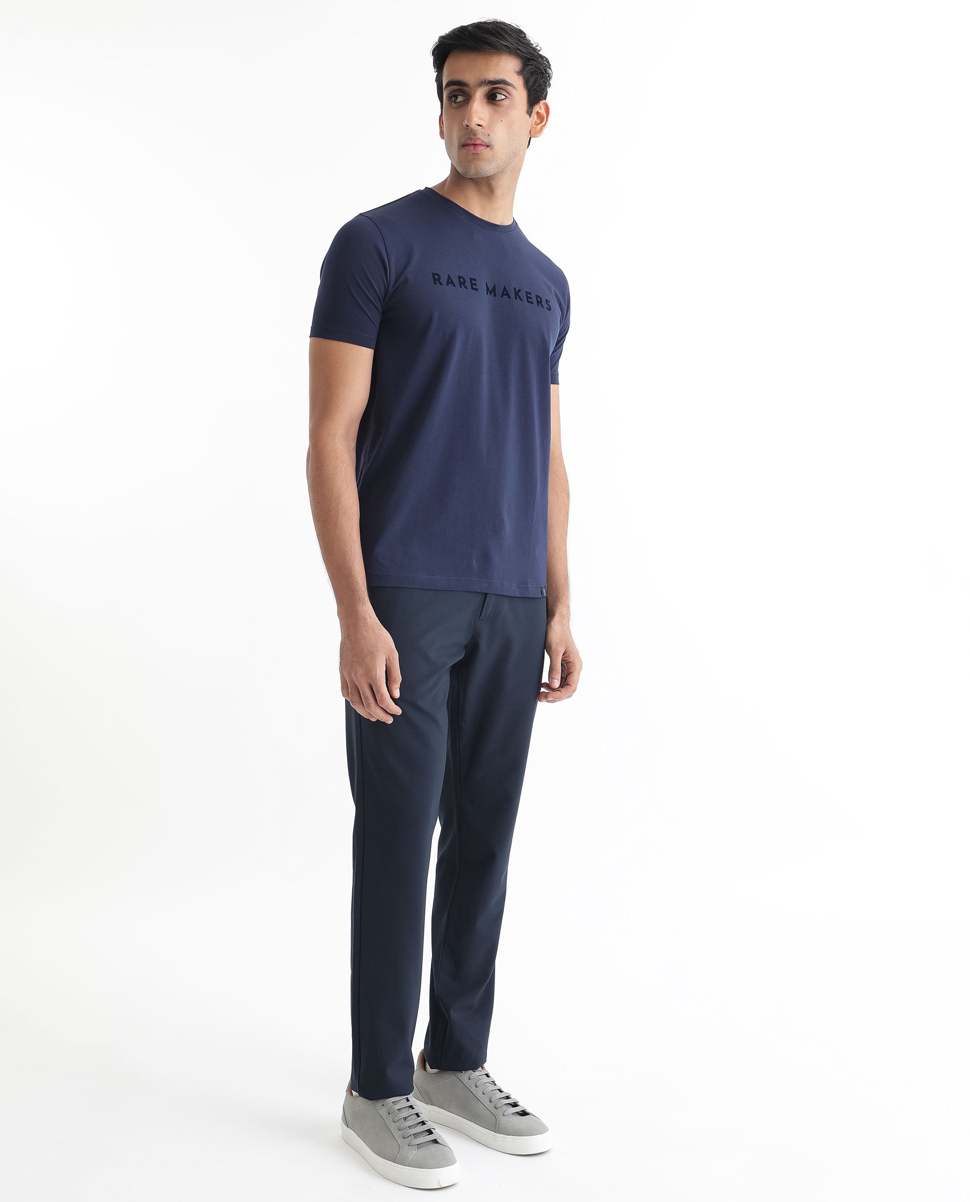 Rare Rabbit Men's Burke Dark Blue Crew Neck Half Sleeves Velvet Branding Regular Fit T-Shirt