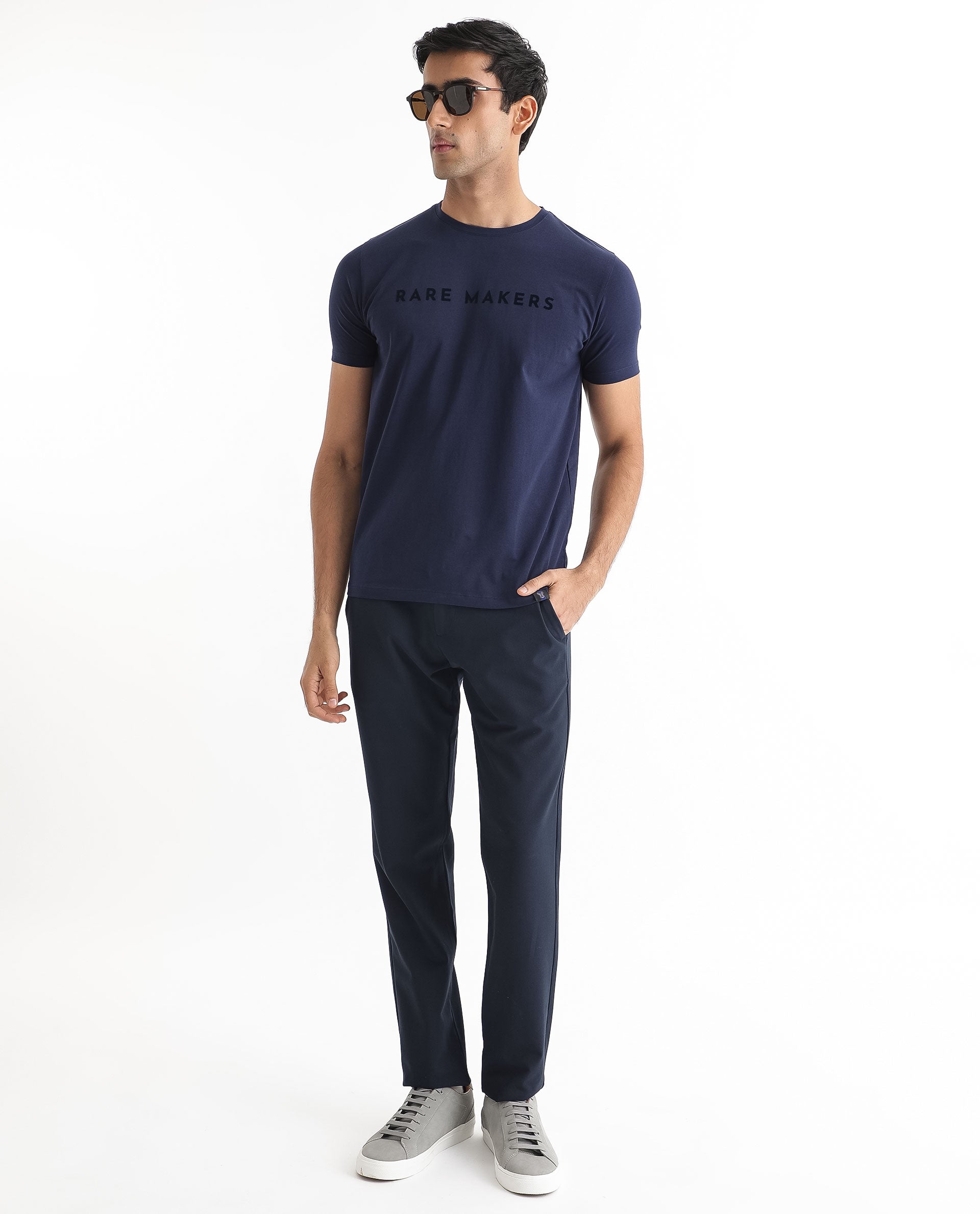 Rare Rabbit Men's Burke Dark Blue Crew Neck Half Sleeves Velvet Branding Regular Fit T-Shirt