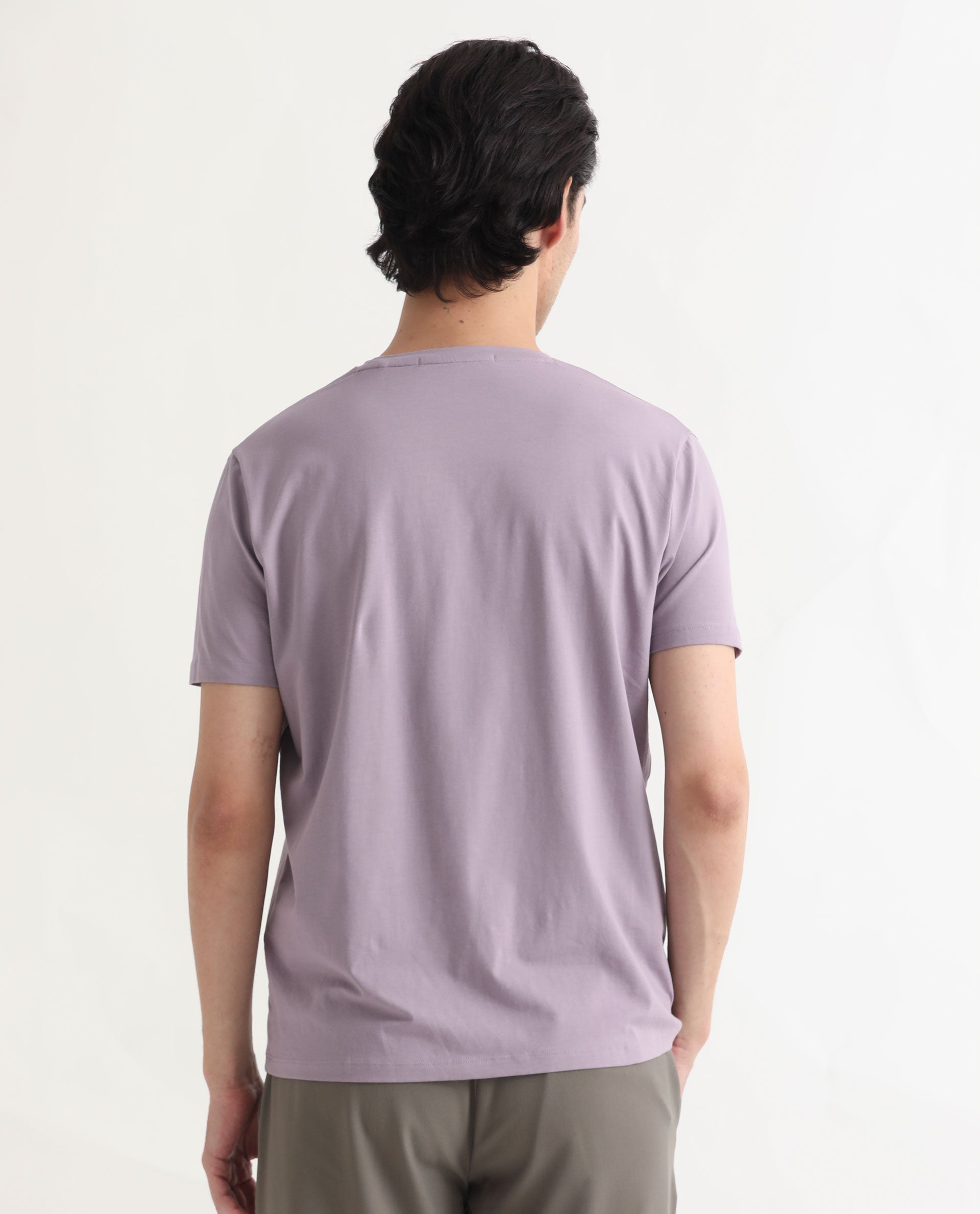 Rare Rabbit Men's Burke Pastel Purple Crew Neck Half Sleeves Velvet Branding Regular Fit T-Shirt