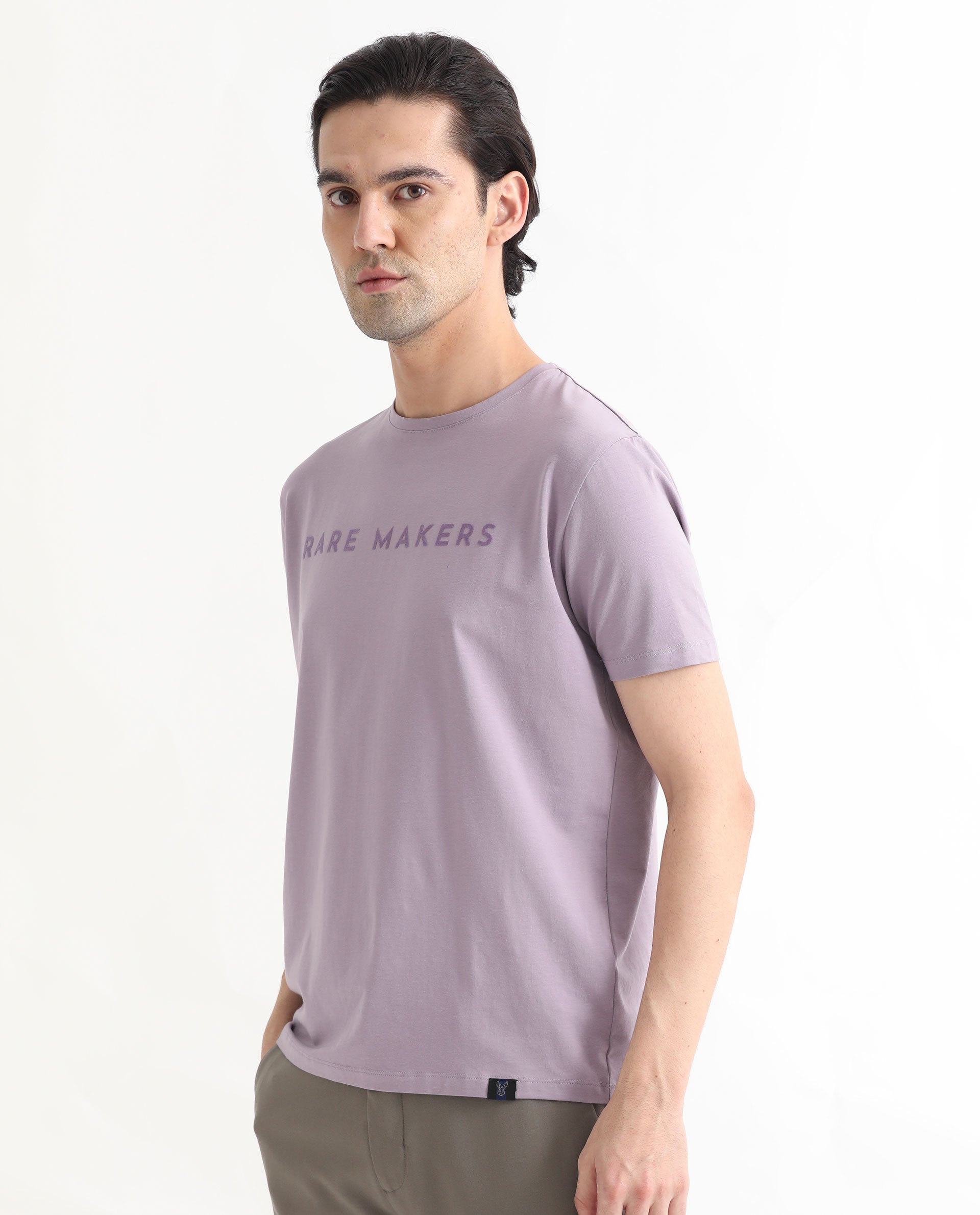 Rare Rabbit Men's Burke Pastel Purple Crew Neck Half Sleeves Velvet Branding Regular Fit T-Shirt