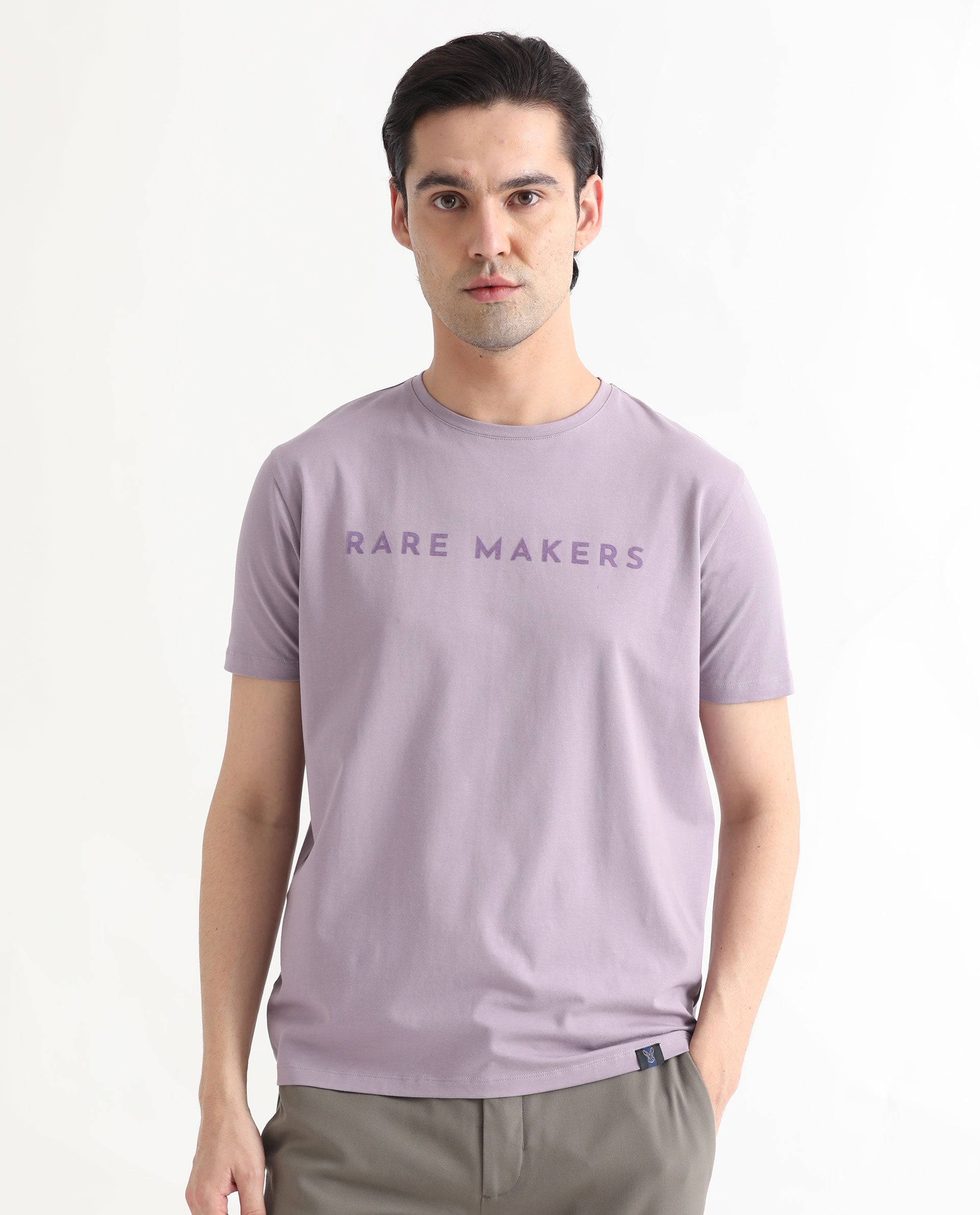 Rare Rabbit Men's Burke Pastel Purple Crew Neck Half Sleeves Velvet Branding Regular Fit T-Shirt