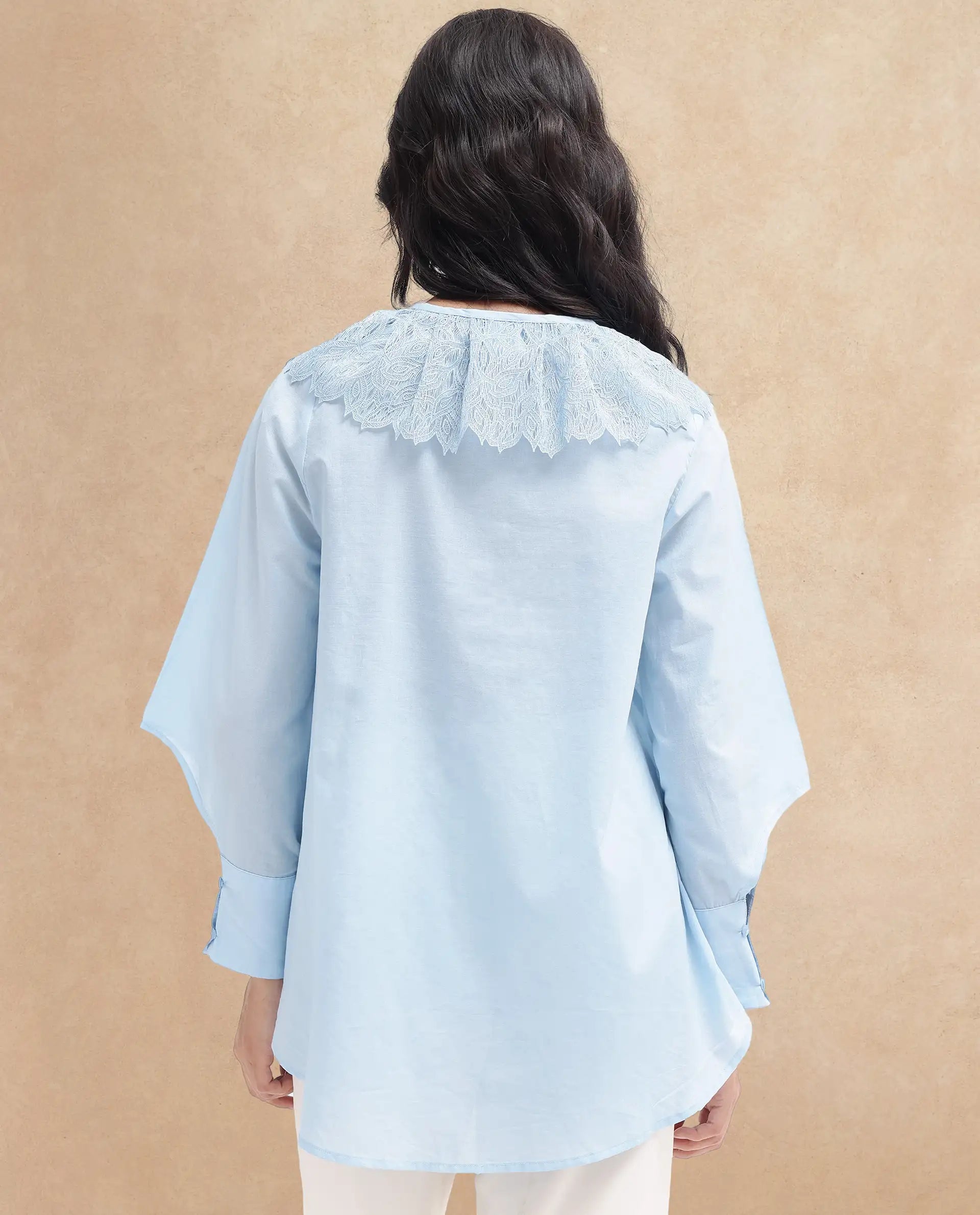 Rareism Women Burrido-SC Light Blue Cotton Fabric Collared Neck Solid Regular Fit Shirt