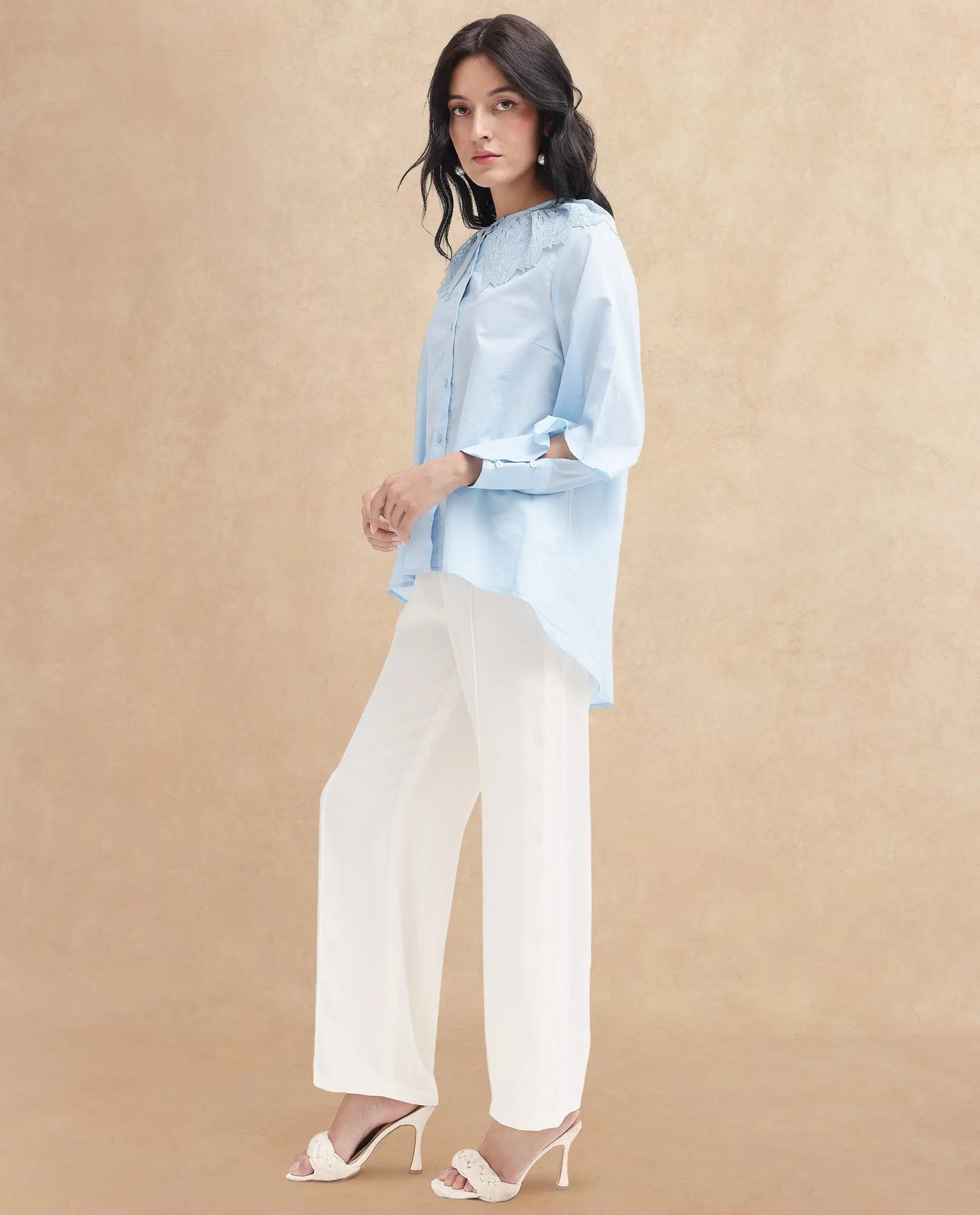 Rareism Women Burrido-SC Light Blue Cotton Fabric Collared Neck Solid Regular Fit Shirt