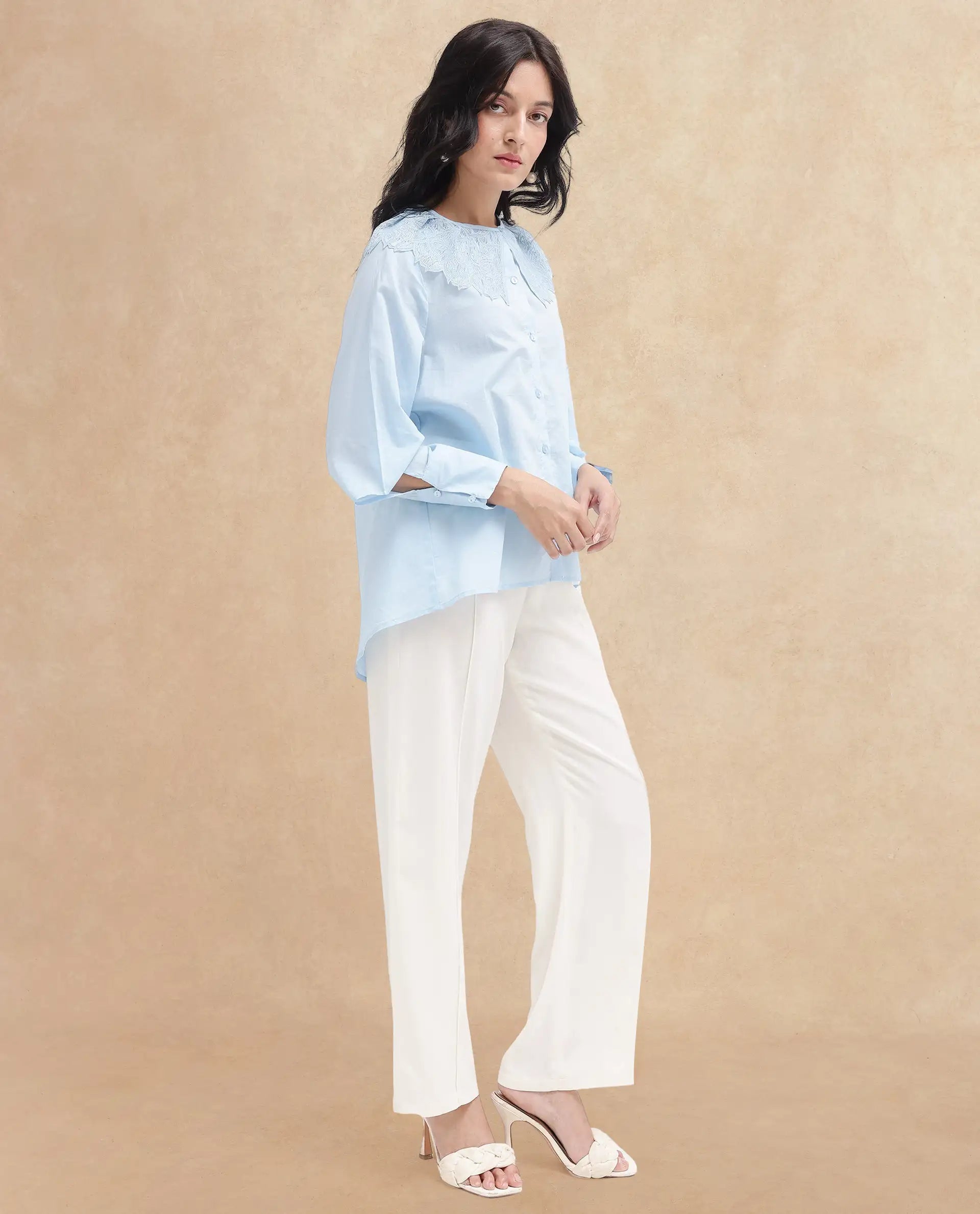 Rareism Women Burrido-SC Light Blue Cotton Fabric Collared Neck Solid Regular Fit Shirt