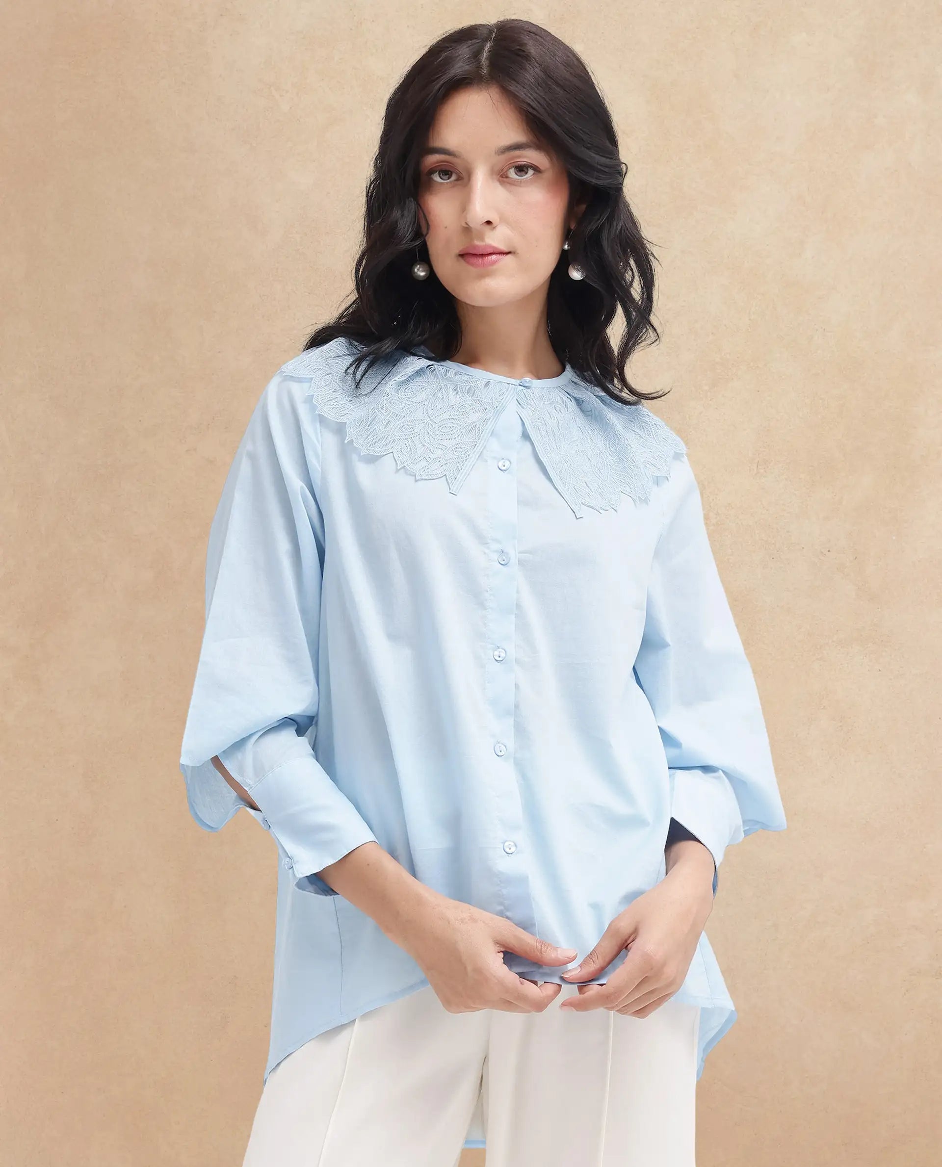 Rareism Women Burrido-SC Light Blue Cotton Fabric Collared Neck Solid Regular Fit Shirt