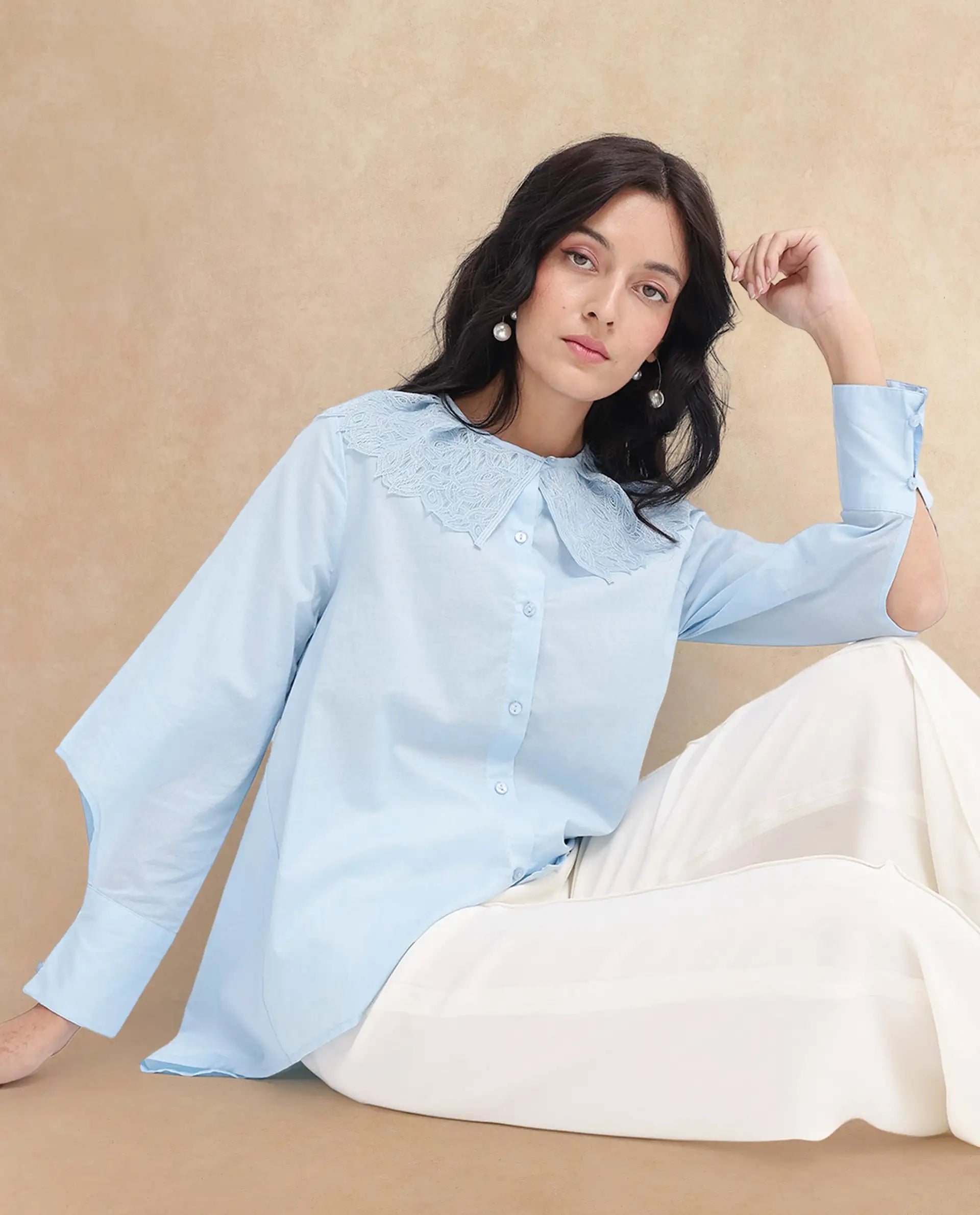 Rareism Women Burrido-SC Light Blue Cotton Fabric Collared Neck Solid Regular Fit Shirt