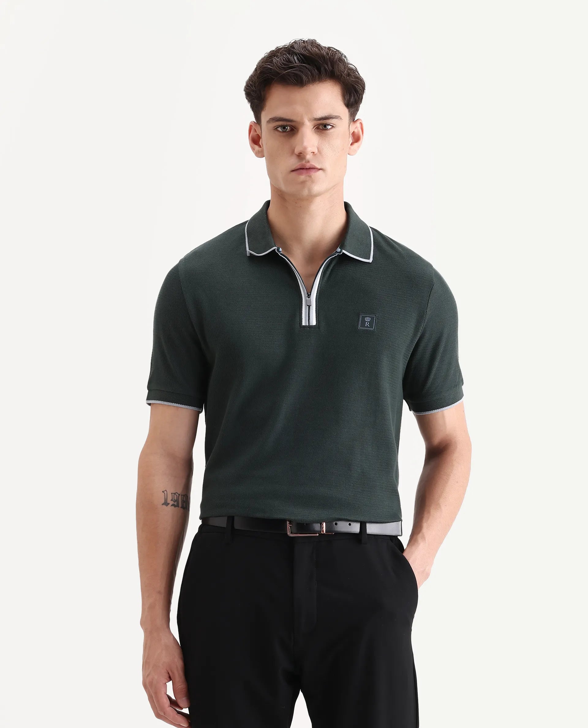 Rare Rabbit Men's Burrow Dark Green Cotton Plain Regular Fit Half Sleeve Polo