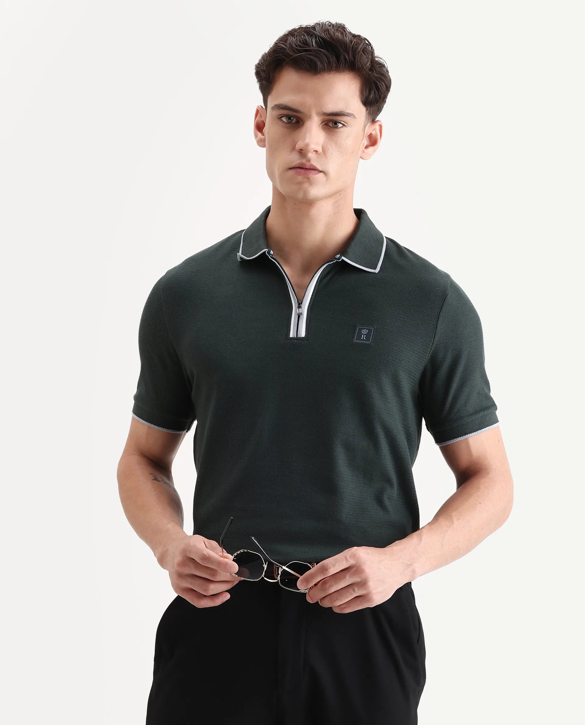 Rare Rabbit Men's Burrow Dark Green Cotton Plain Regular Fit Half Sleeve Polo