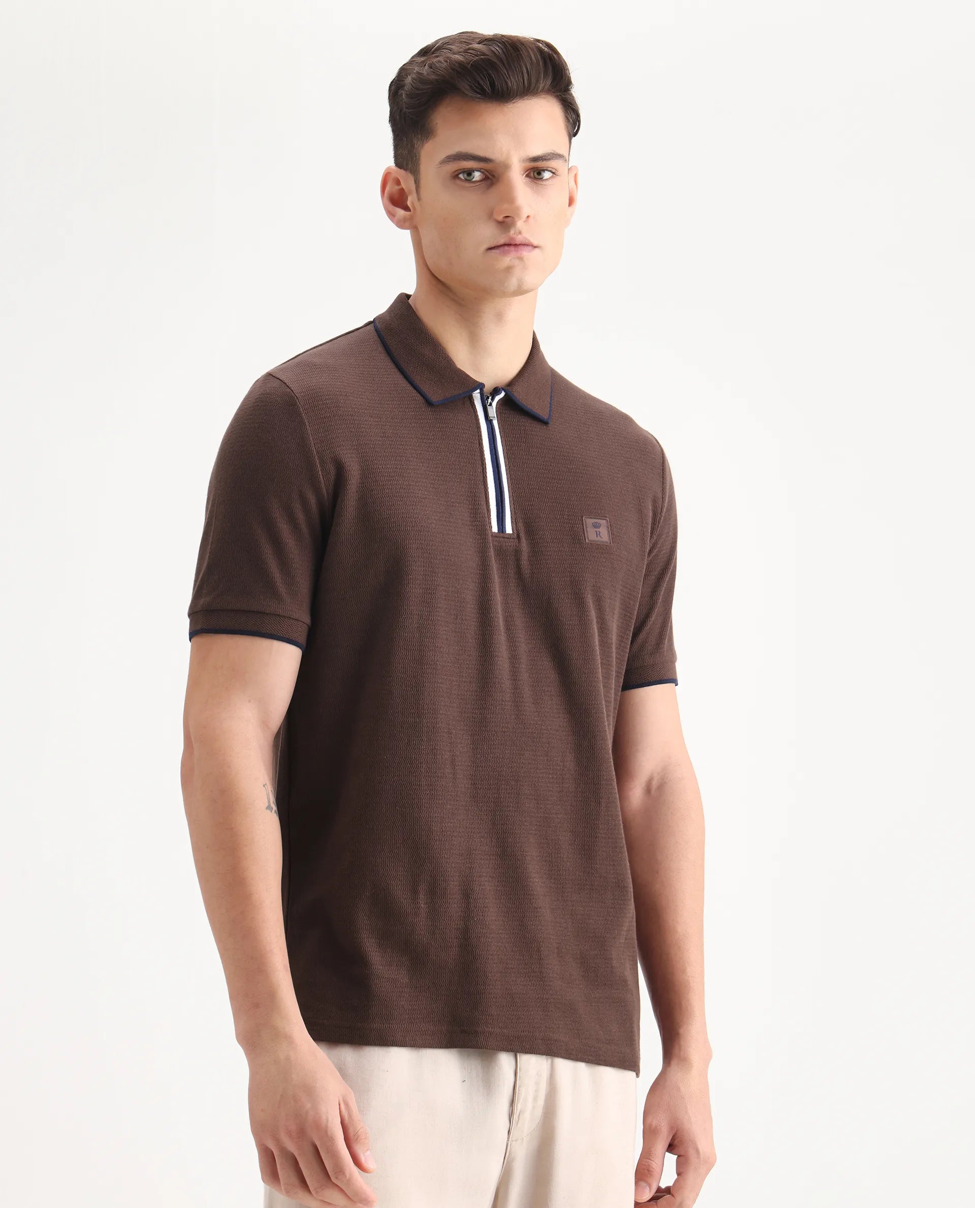 Rare Rabbit Men's Burrow Brown Cotton Plain Regular Fit Half Sleeve Polo