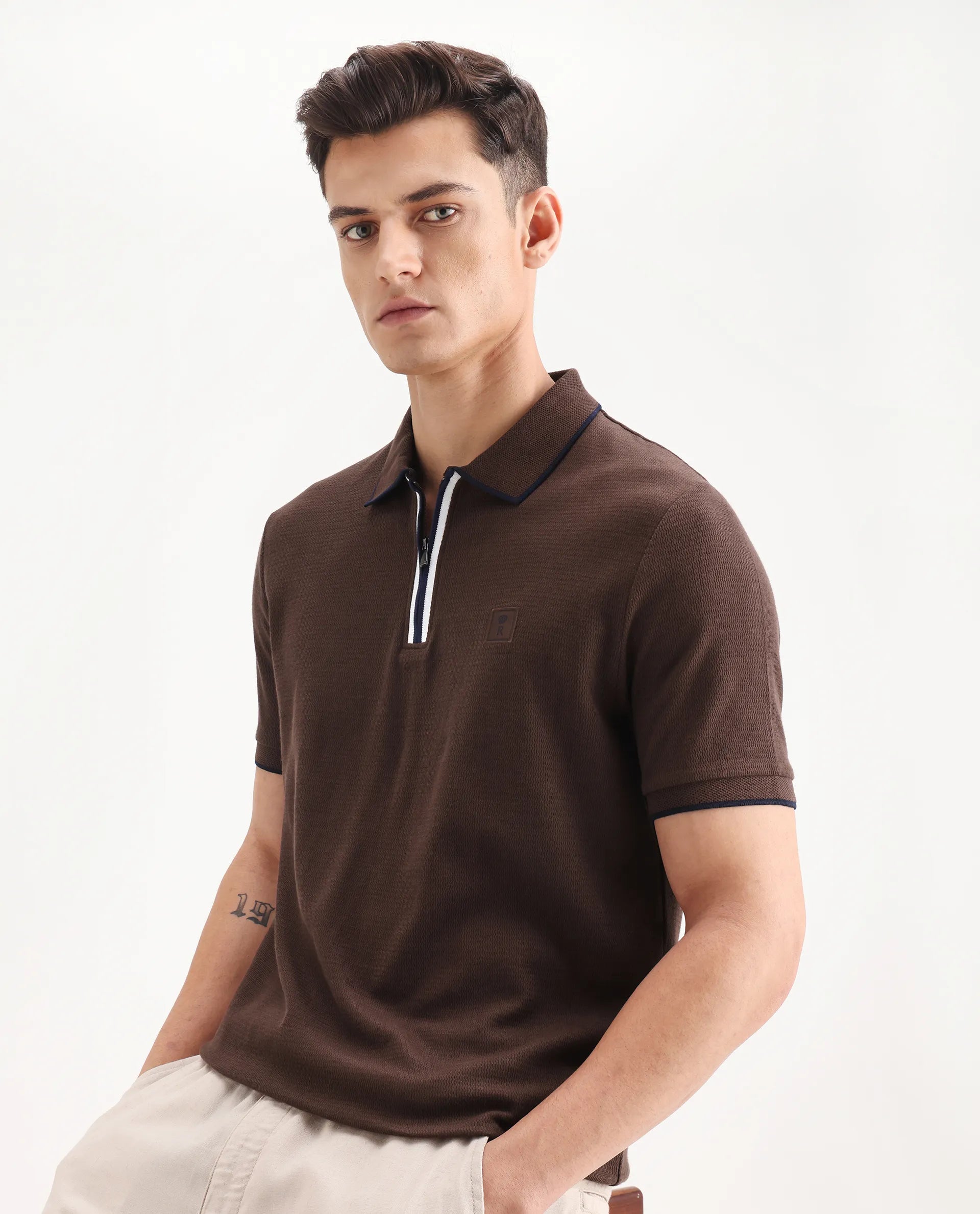 Rare Rabbit Men's Burrow Brown Cotton Plain Regular Fit Half Sleeve Polo
