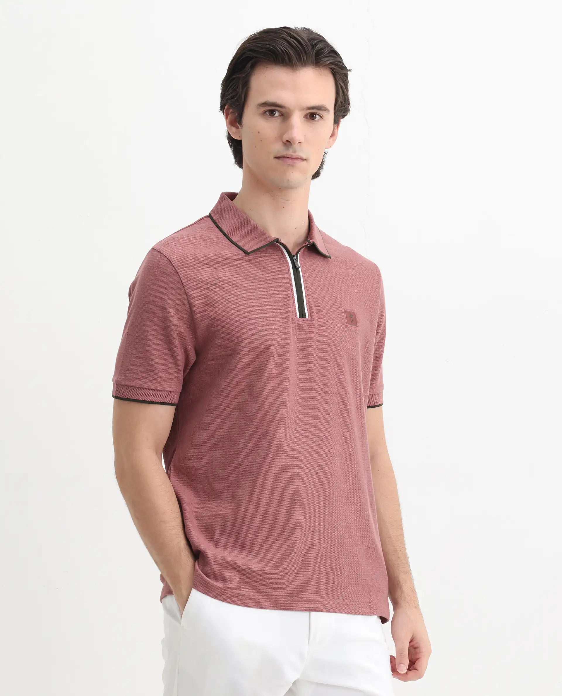 Rare Rabbit Men's Burrow Dusky Pink Cotton Plain Regular Fit Half Sleeve Polo