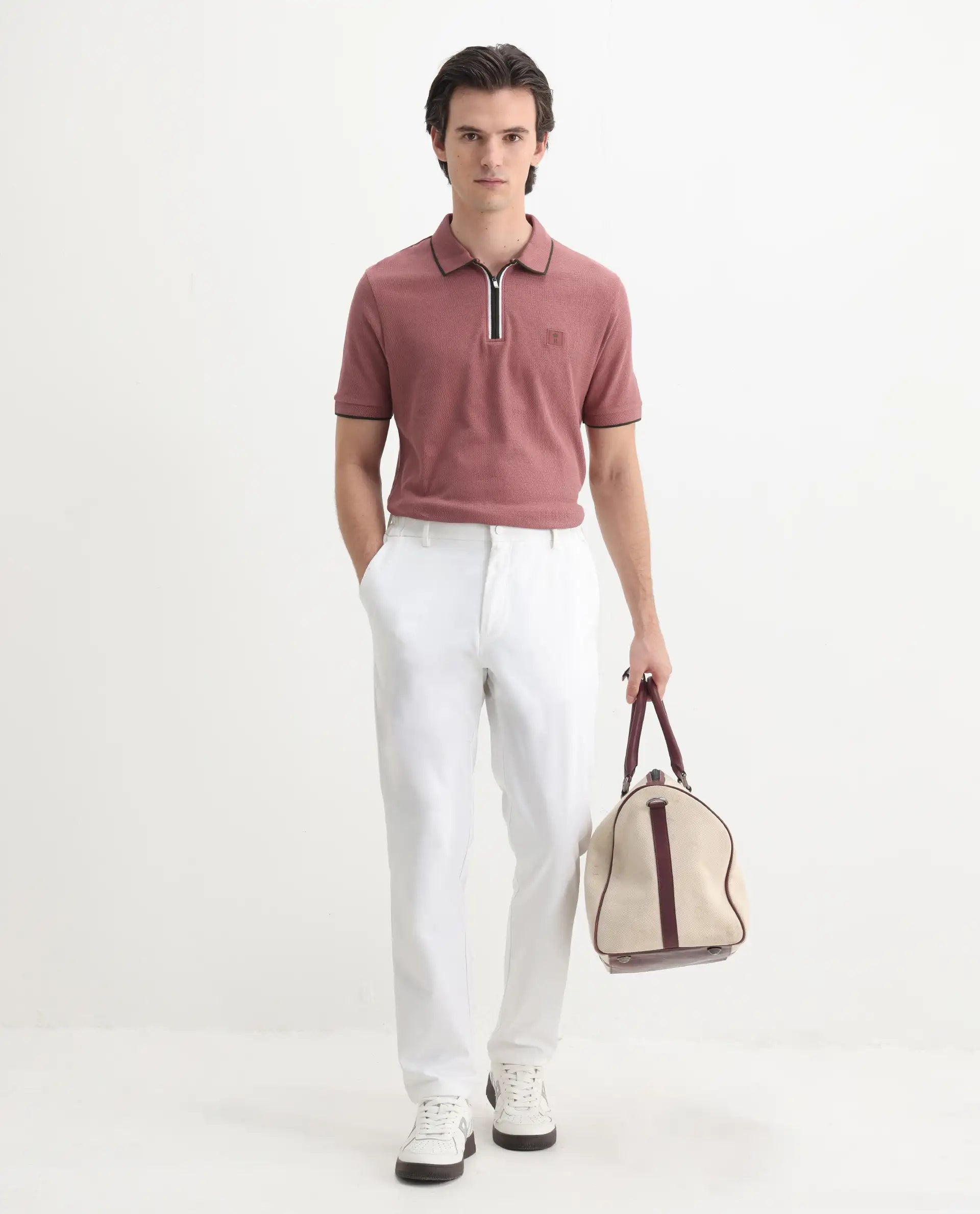 Rare Rabbit Men's Burrow Dusky Pink Cotton Plain Regular Fit Half Sleeve Polo