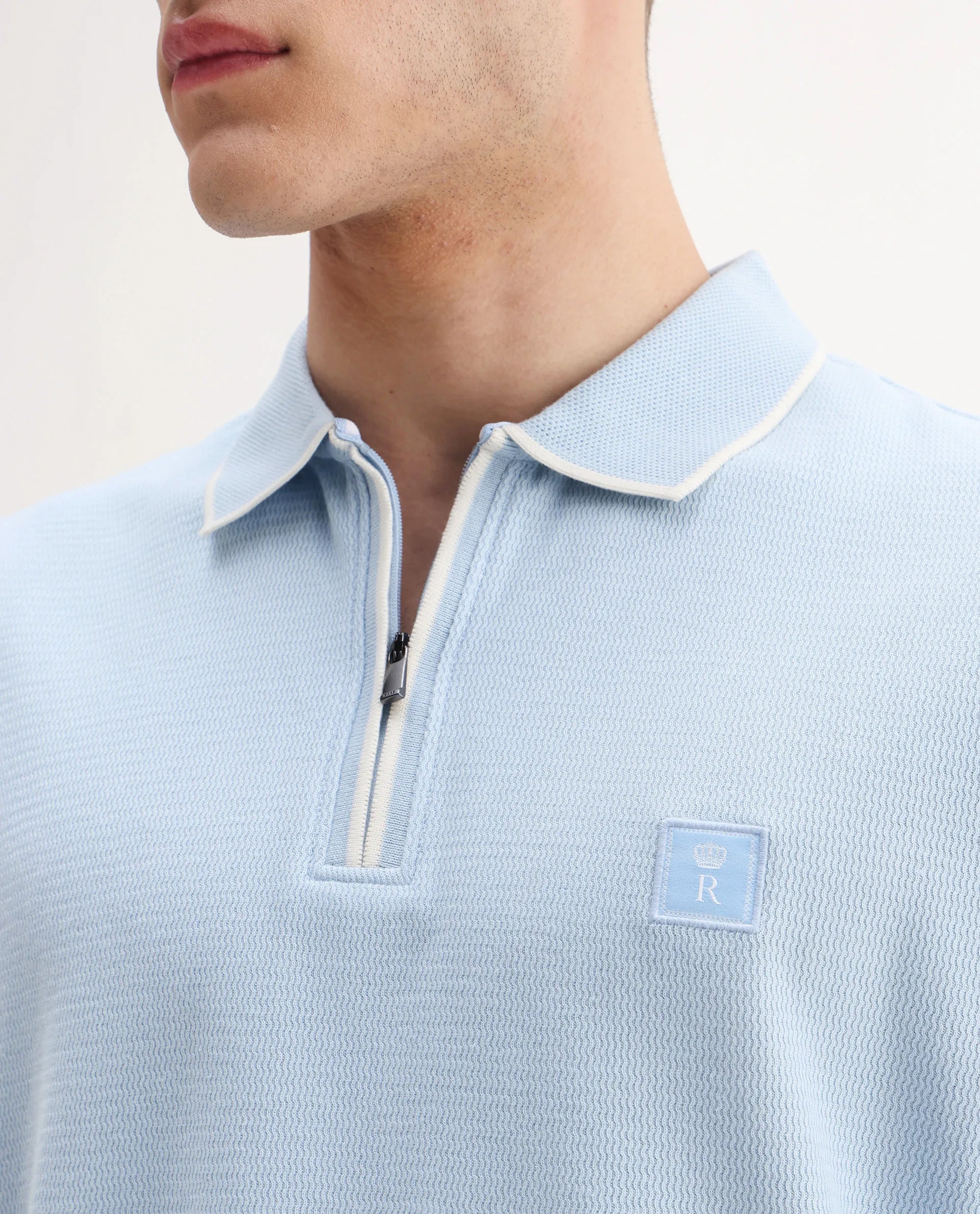 Rare Rabbit Men's Burrow Light Blue Cotton Plain Regular Fit Half Sleeve Polo