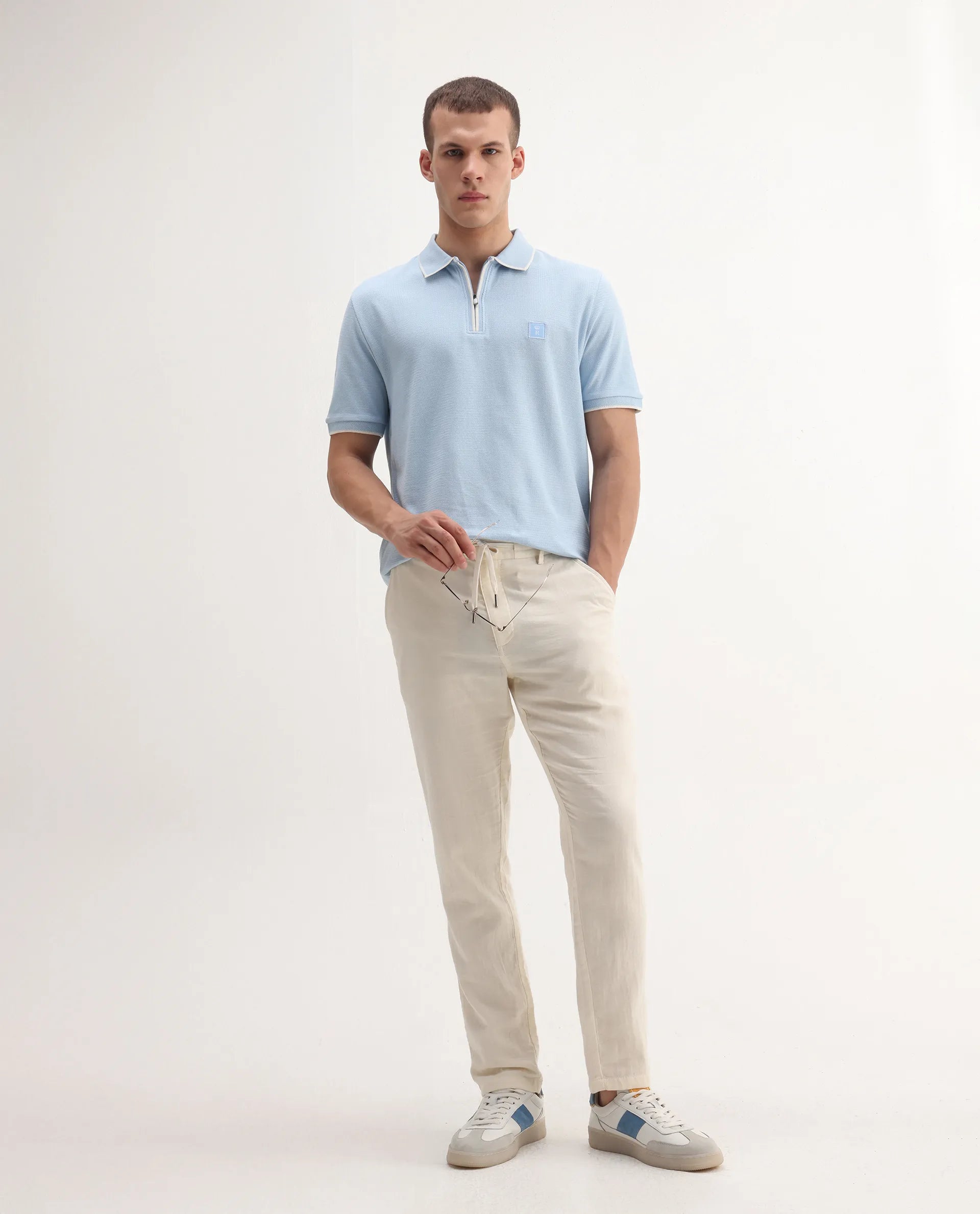 Rare Rabbit Men's Burrow Light Blue Cotton Plain Regular Fit Half Sleeve Polo