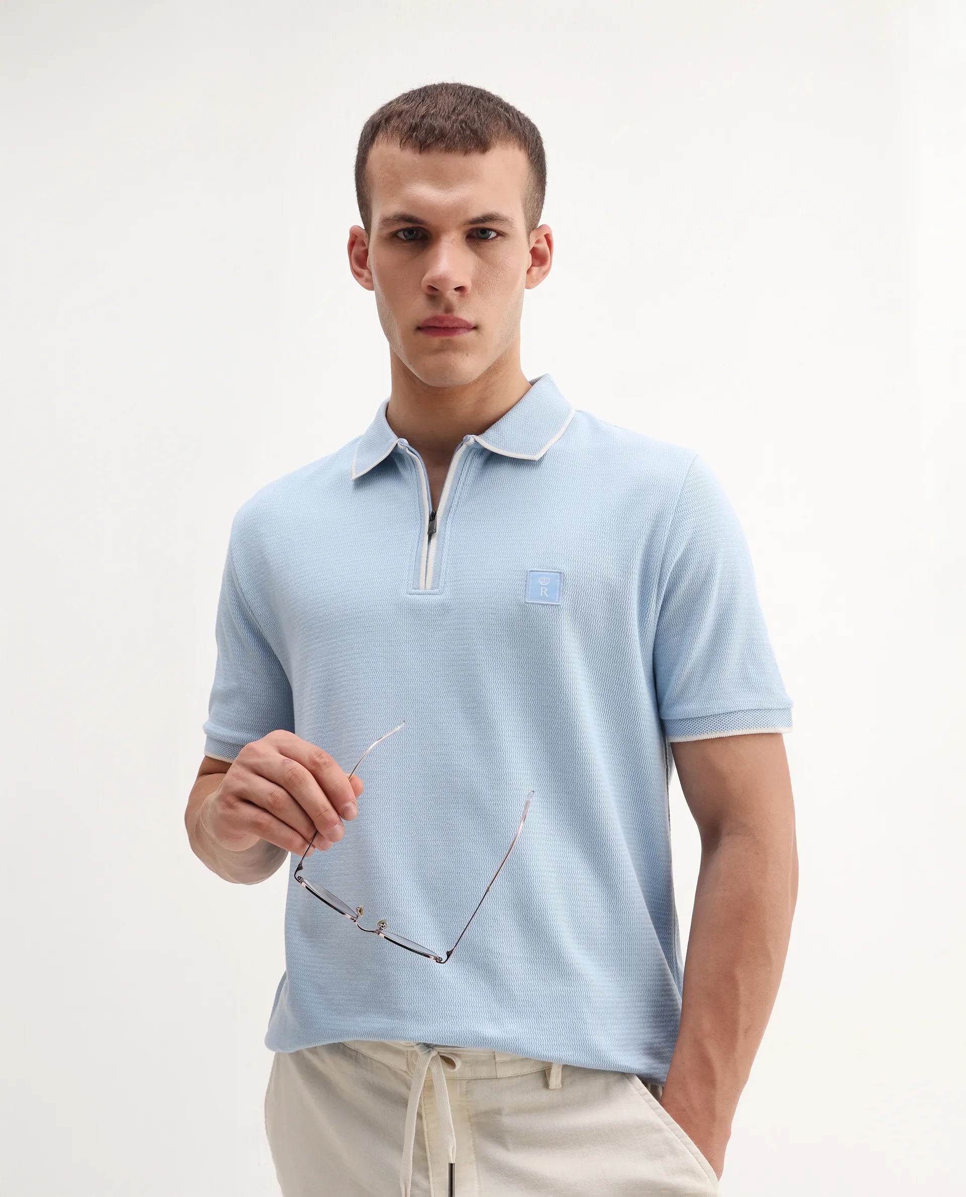 Rare Rabbit Men's Burrow Light Blue Cotton Plain Regular Fit Half Sleeve Polo