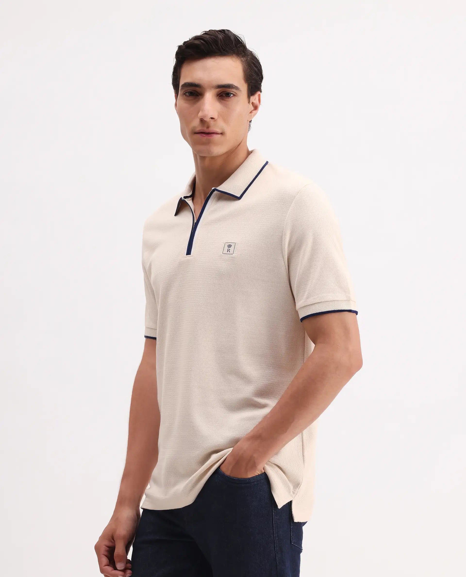 Rare Rabbit Men's Burrow Off White Cotton Plain Regular Fit Half Sleeve Polo