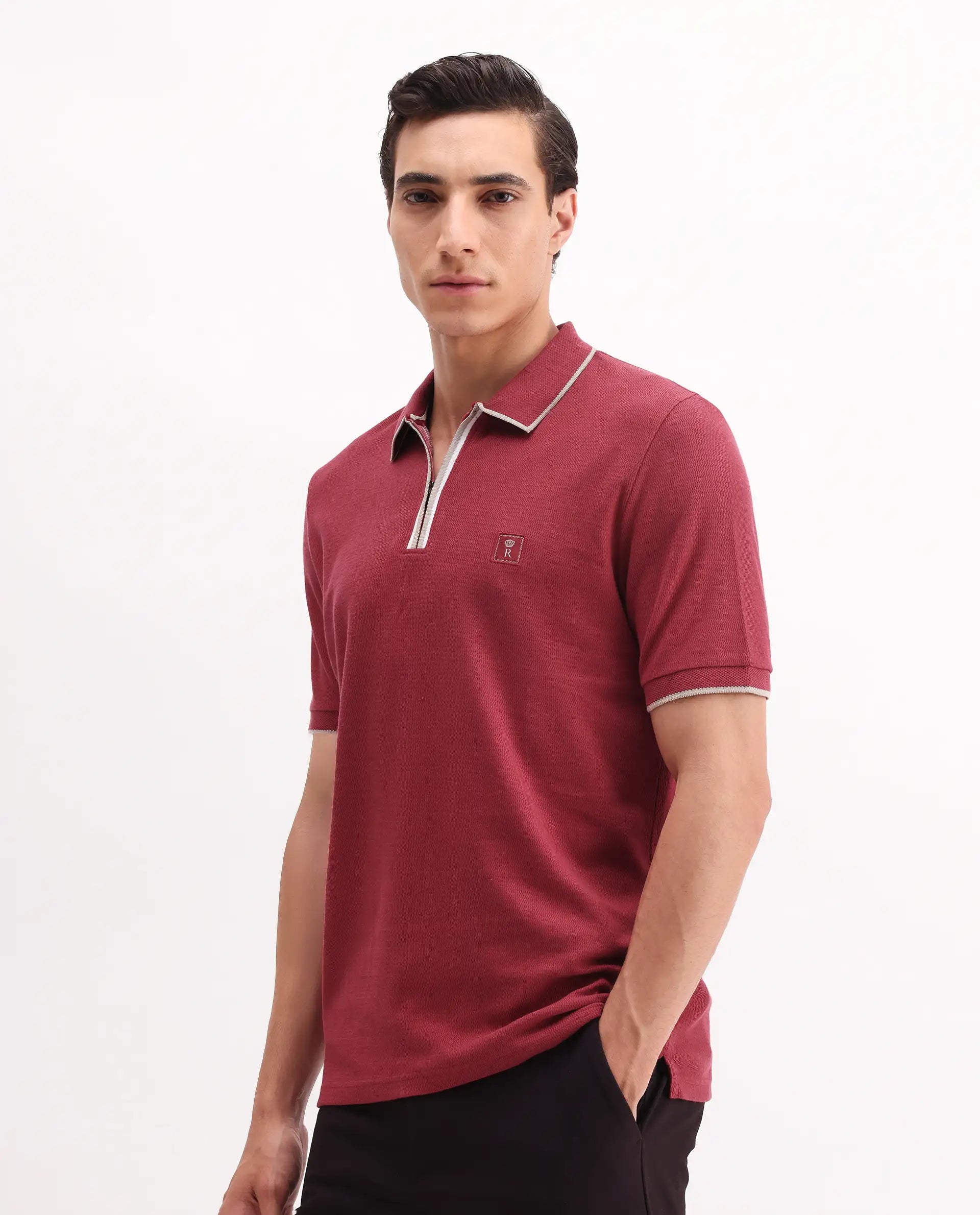 Rare Rabbit Men's Burrow Red Cotton Plain Regular Fit Half Sleeve Polo