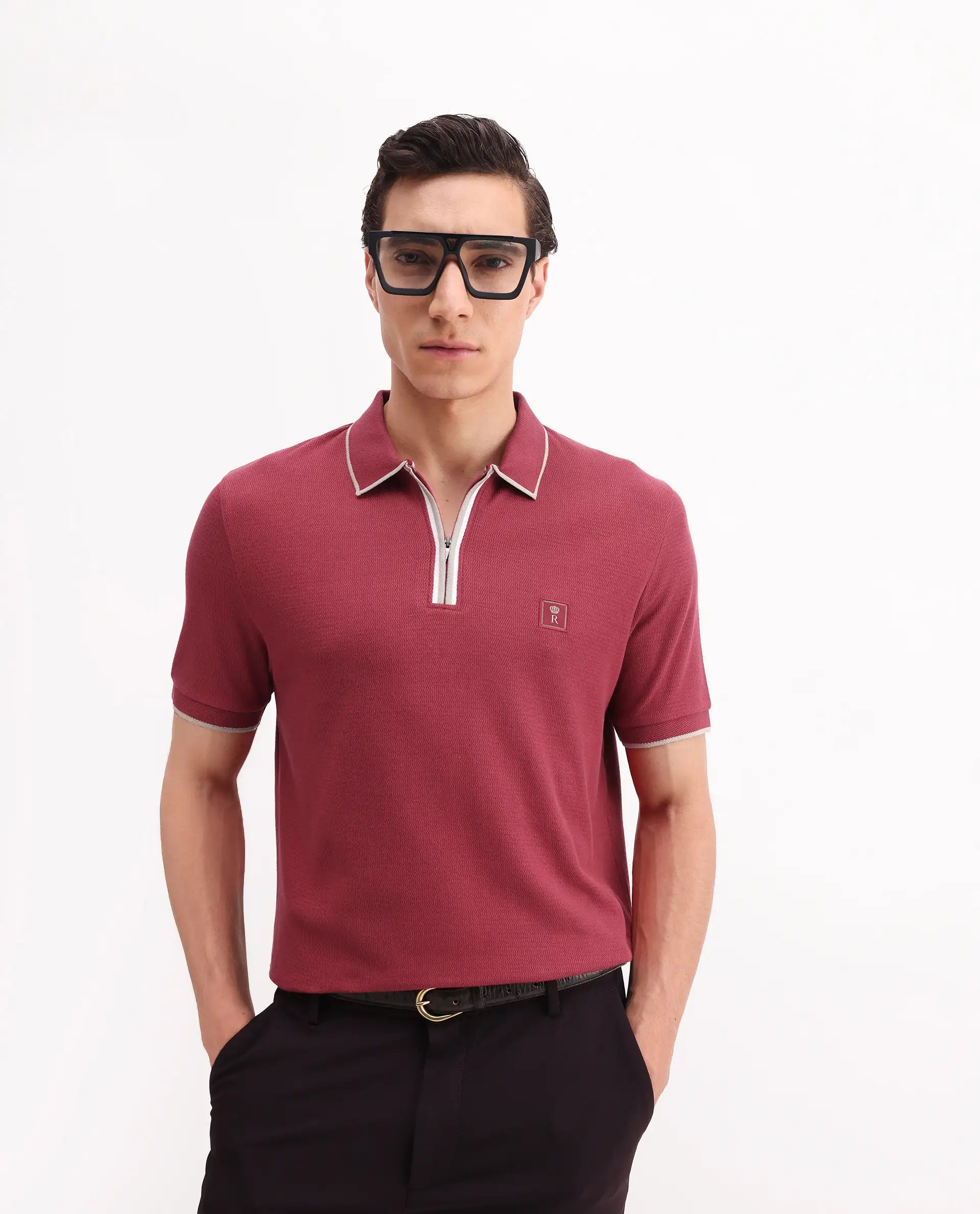 Rare Rabbit Men's Burrow Red Cotton Plain Regular Fit Half Sleeve Polo