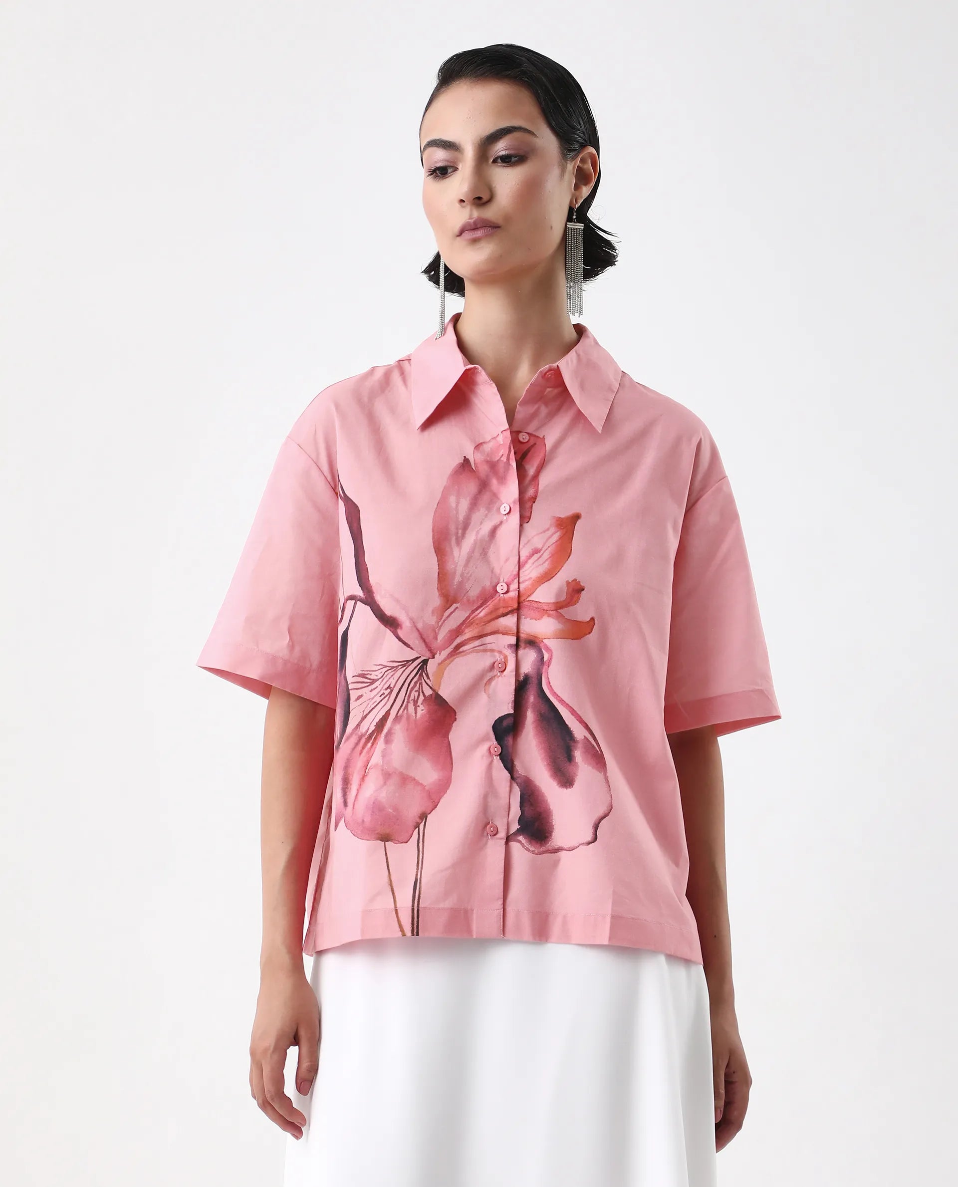 Rareism Women's Businge Dusky Pink Cotton Spread Collar Abstract Print Boxy Fit Shirt