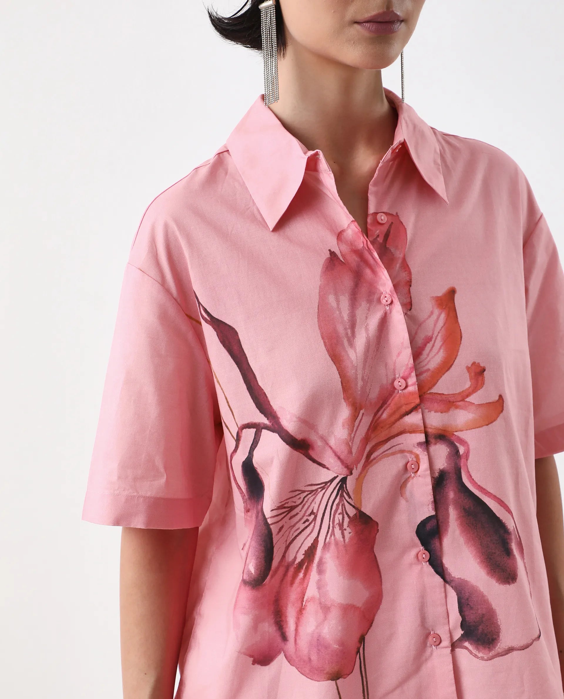 Rareism Women's Businge Dusky Pink Cotton Spread Collar Abstract Print Boxy Fit Shirt