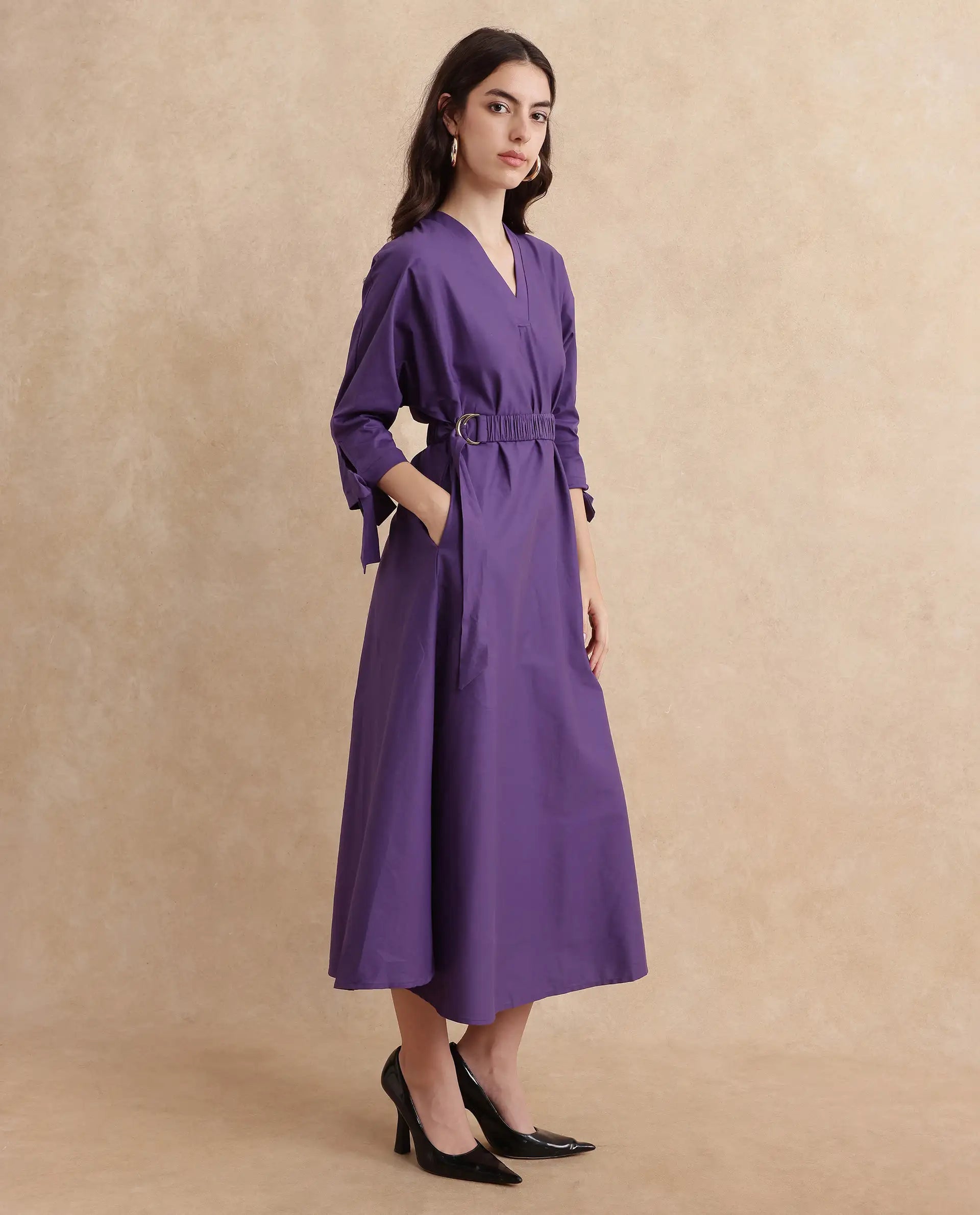 Rareism Women's Buyn Purple V-Neck Tie Up Sleeve Plain Flared Midi Dress