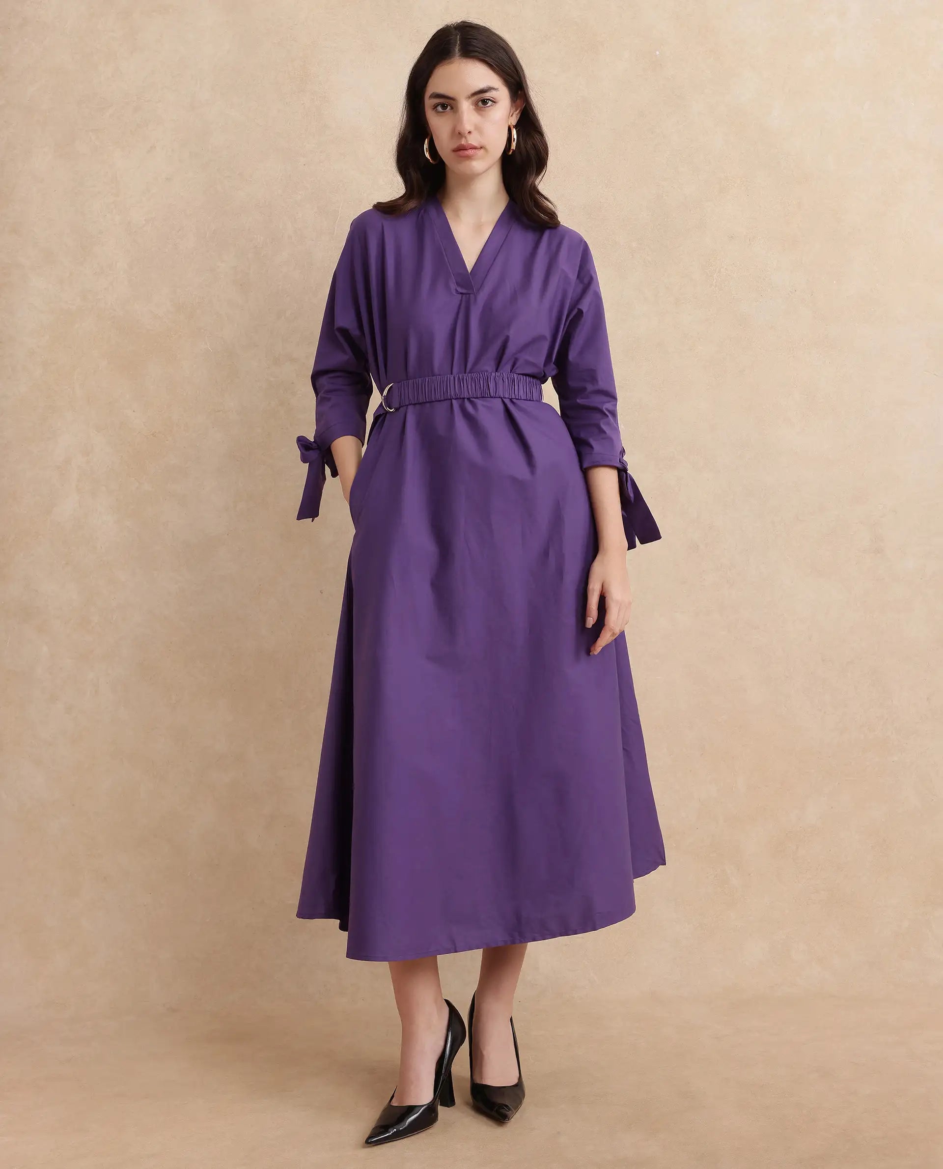 Rareism Women's Buyn Purple V-Neck Tie Up Sleeve Plain Flared Midi Dress