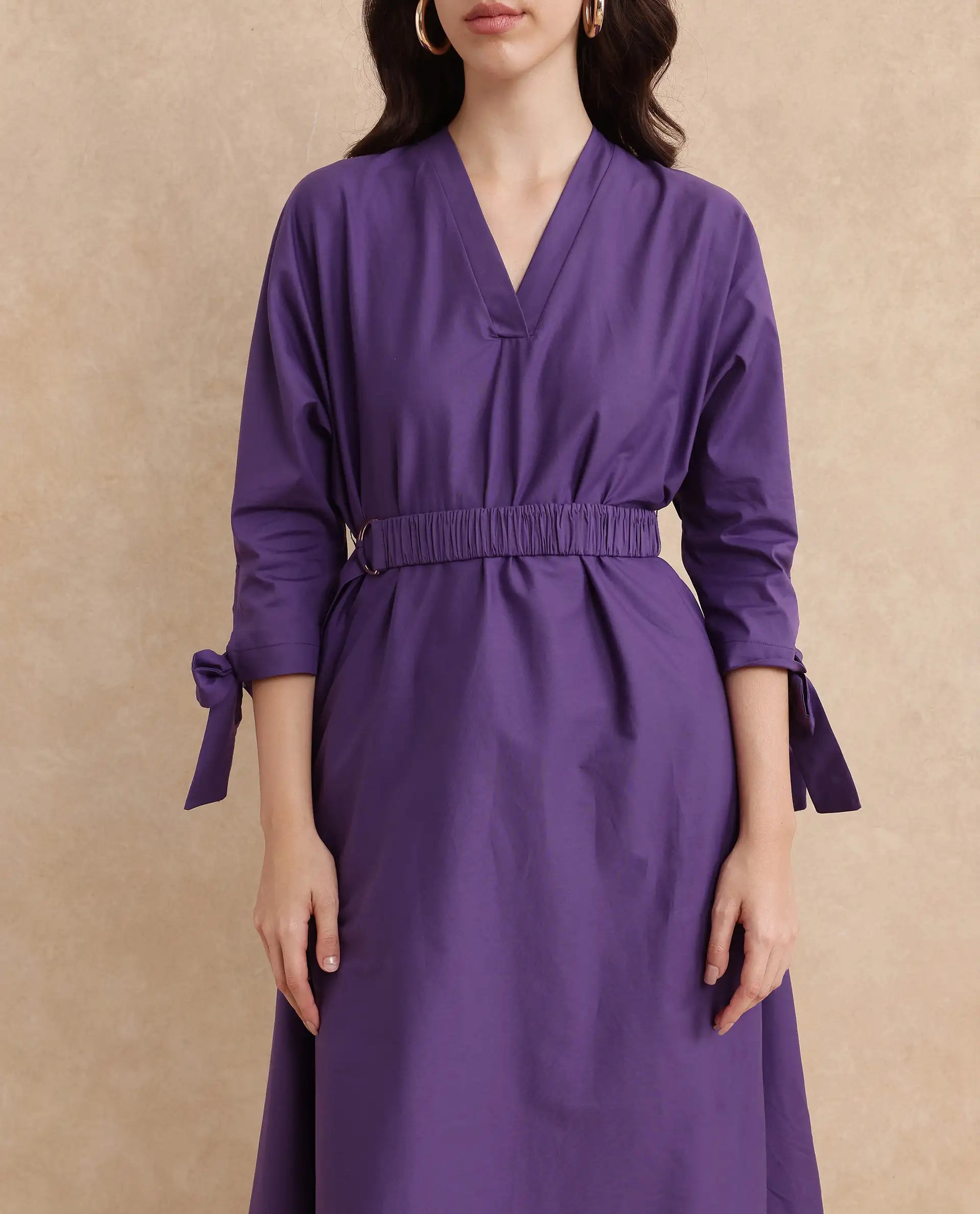 Rareism Women's Buyn Purple V-Neck Tie Up Sleeve Plain Flared Midi Dress