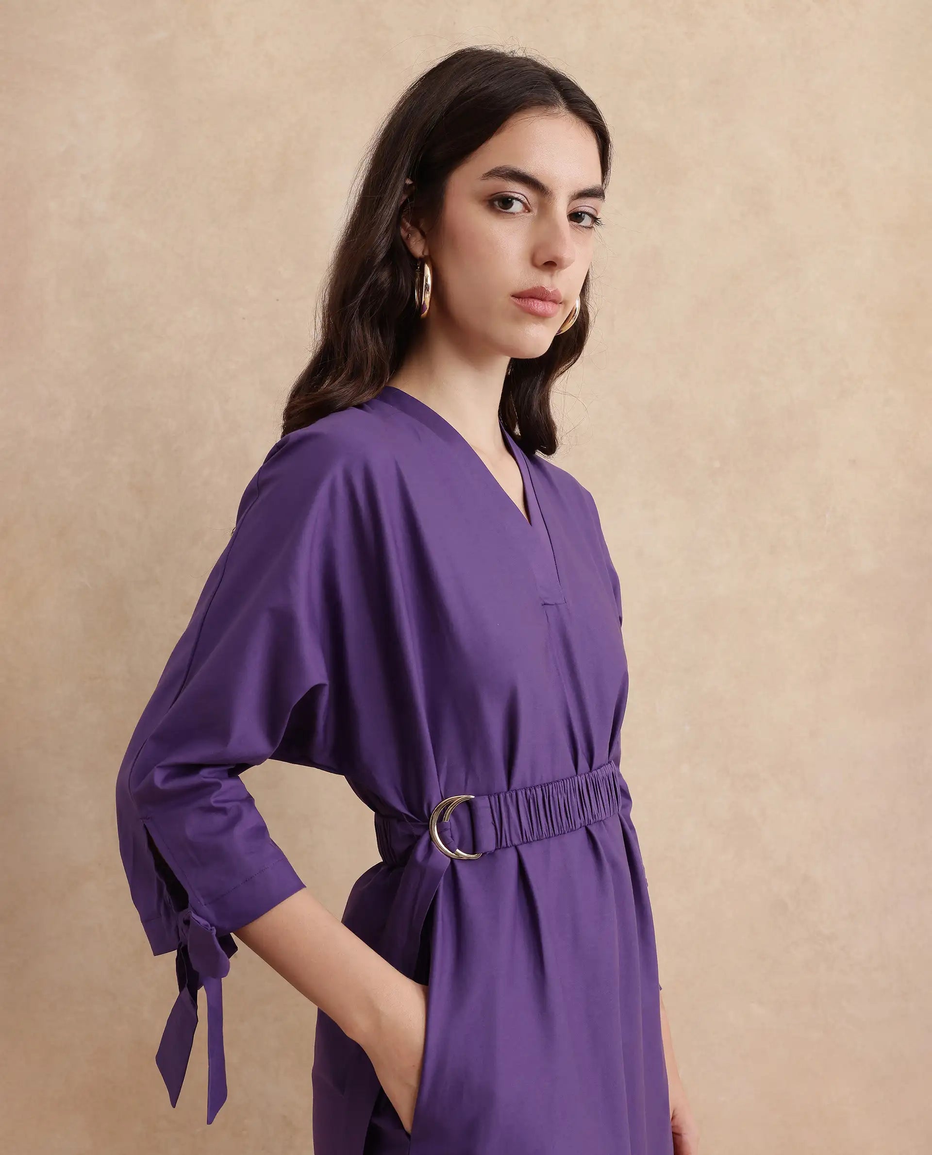 Rareism Women's Buyn Purple V-Neck Tie Up Sleeve Plain Flared Midi Dress