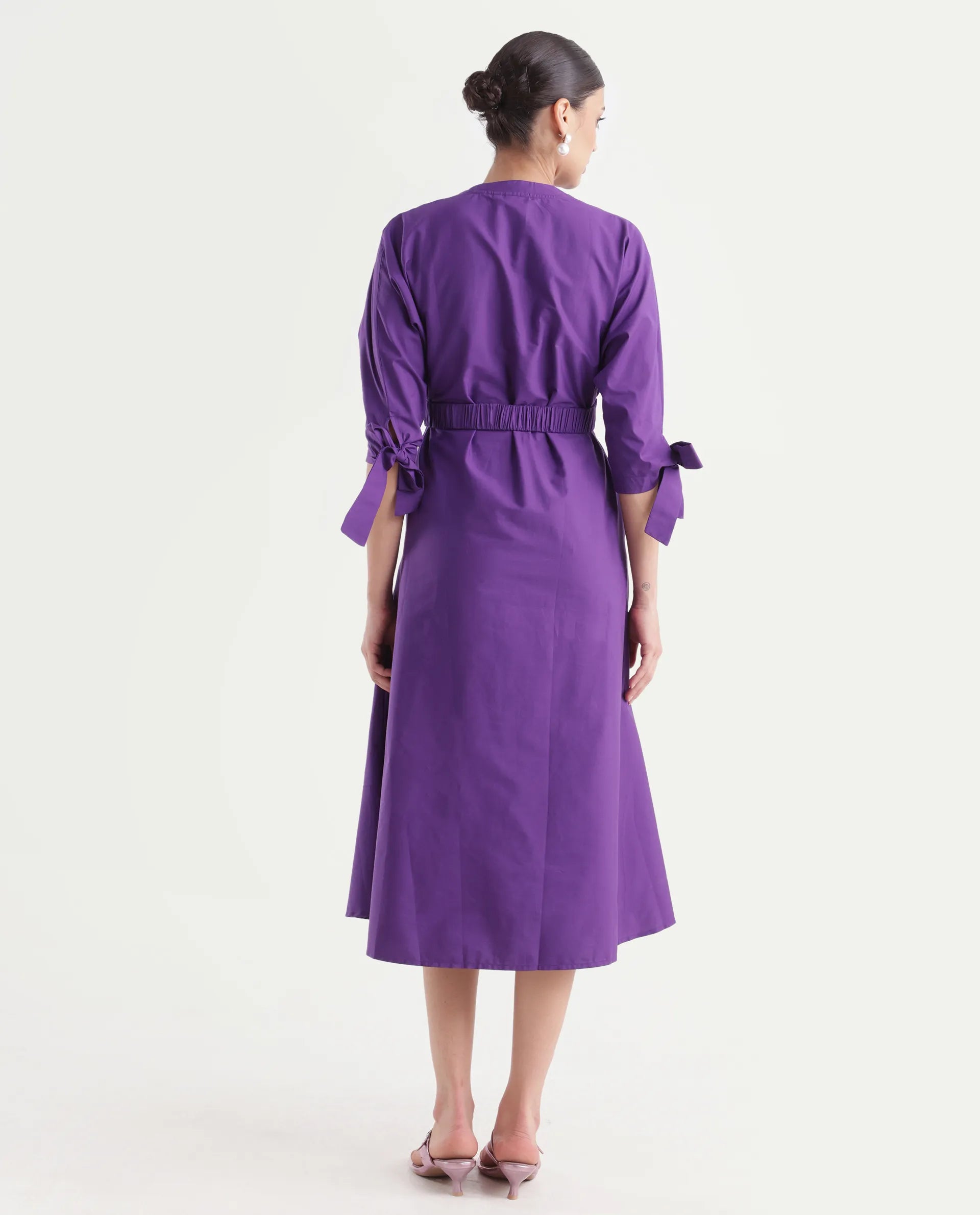 Rareism Women's Buyn Purple Cotton Blend V-Neck Plain Tie Up Sleeve Midi Flared Dress