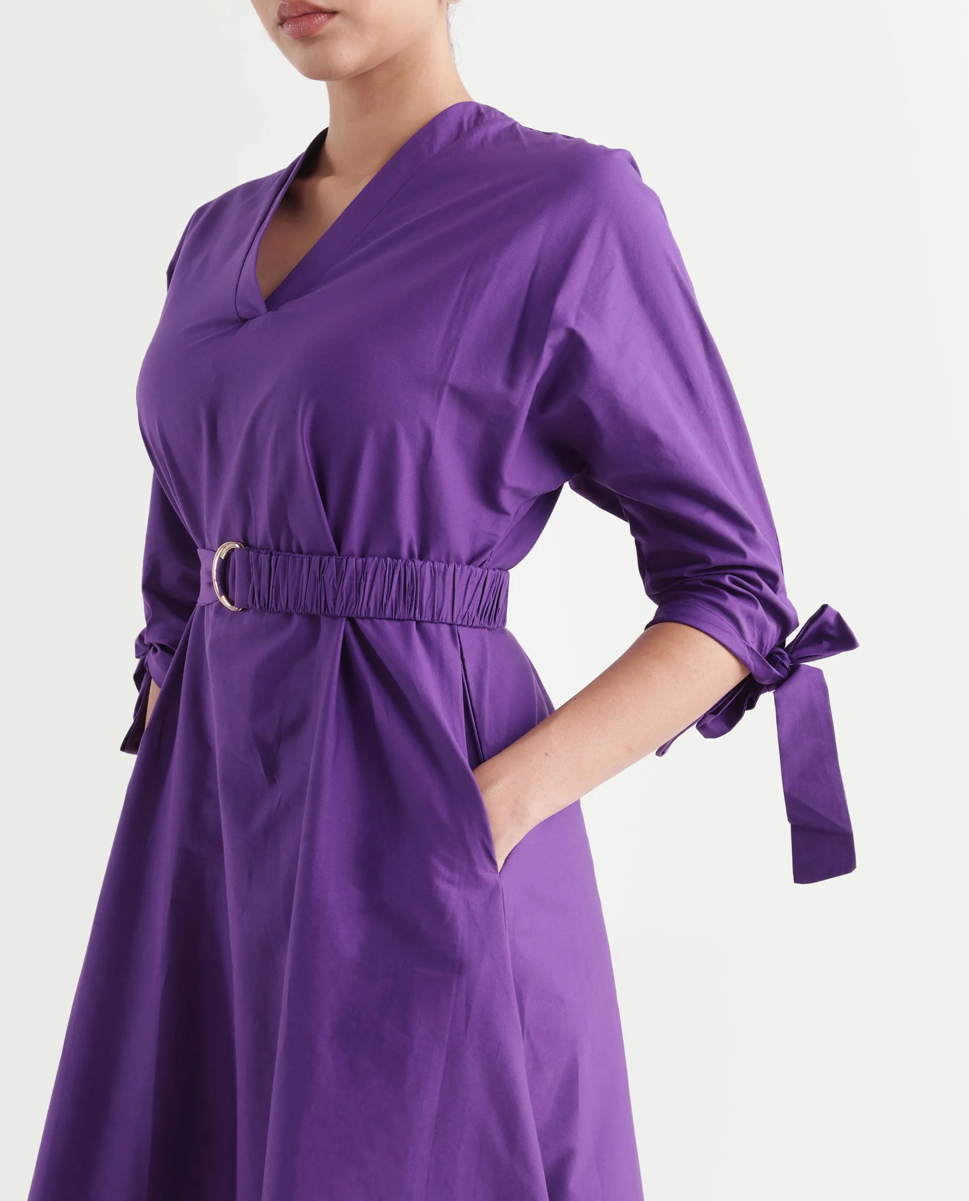 Rareism Women's Buyn Purple Cotton Blend V-Neck Plain Tie Up Sleeve Midi Flared Dress