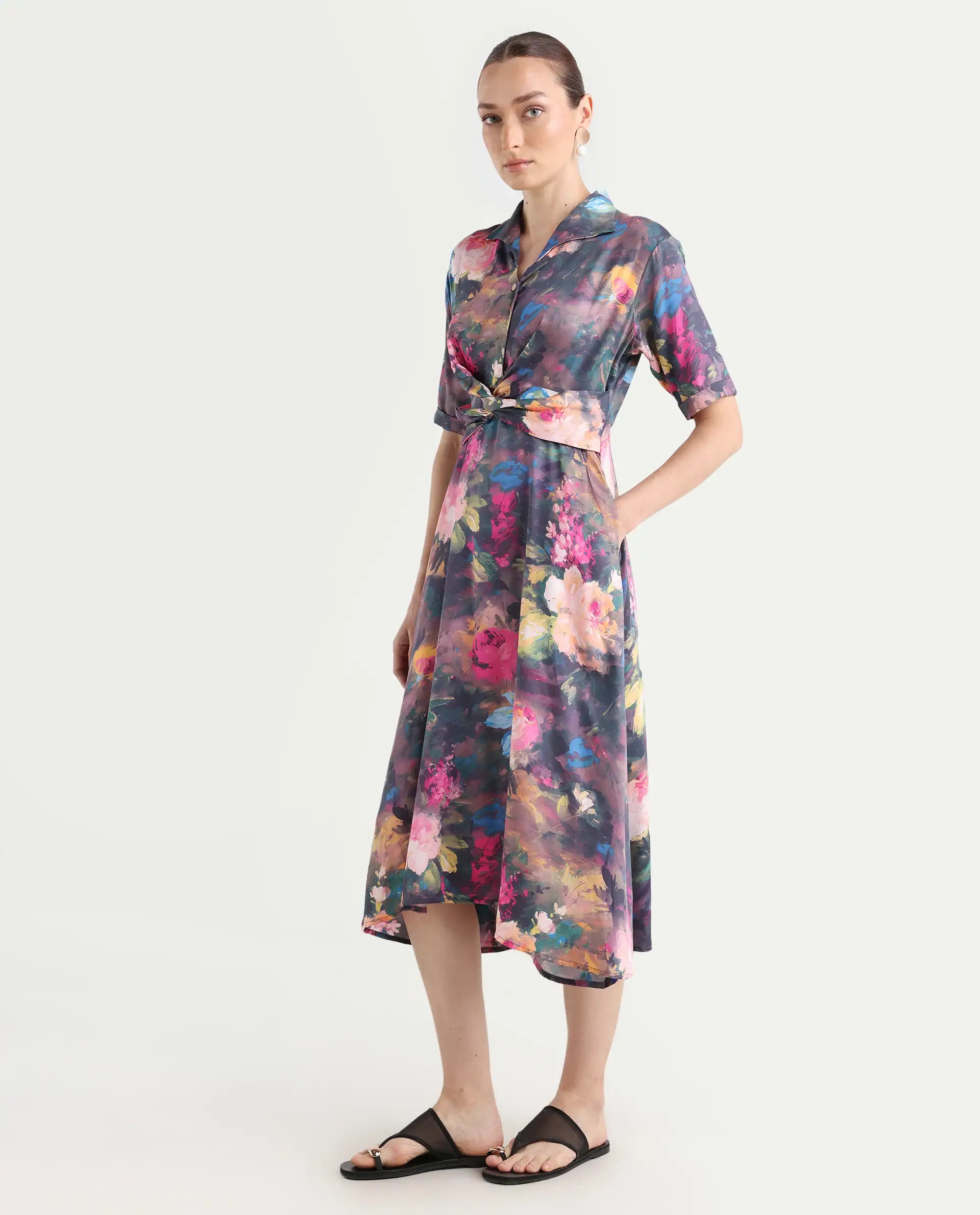 Rareism Women's Buzhi Multi Cotton Blend Spread Collar Floral Print Midi Fit And Flare Dress