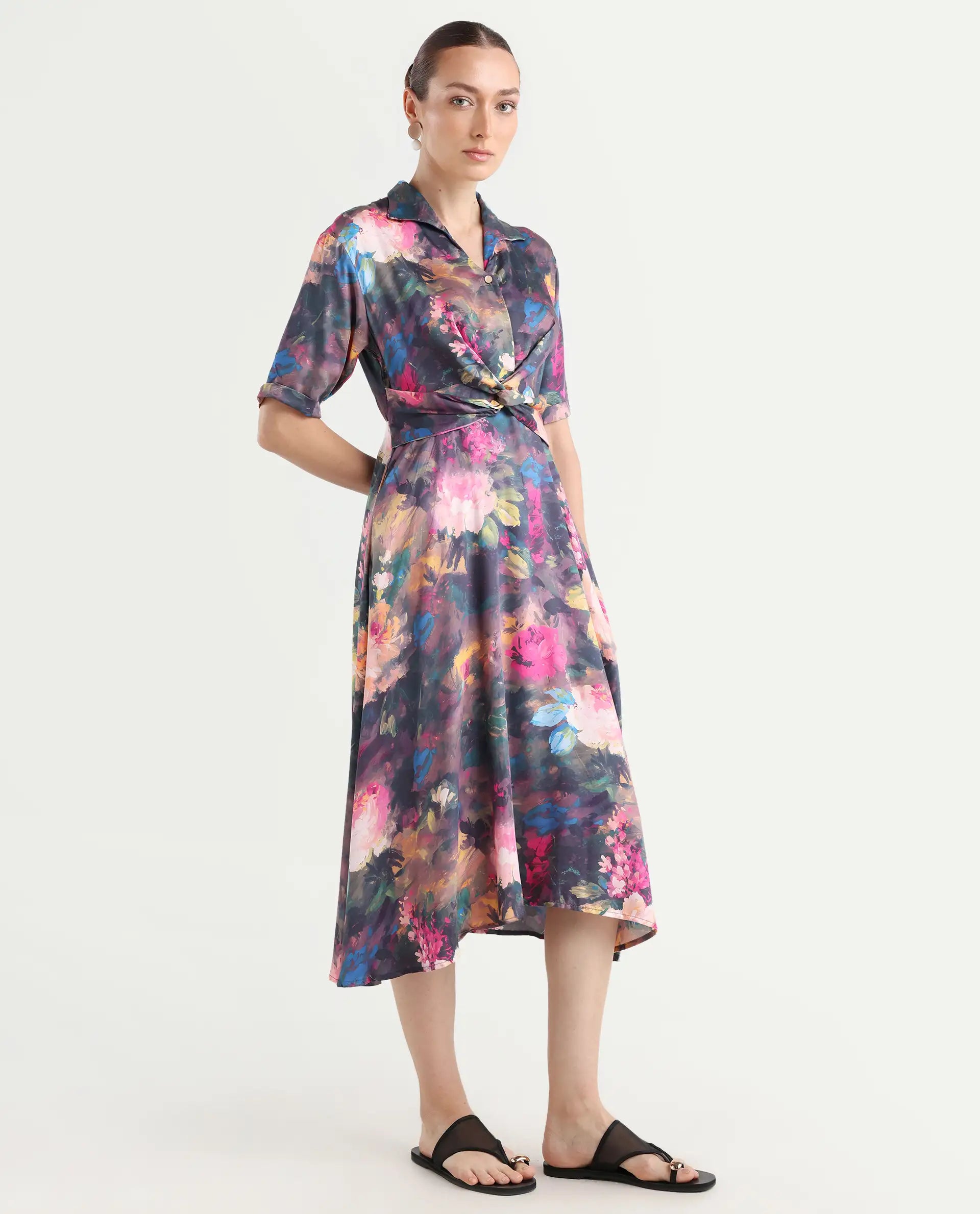 Rareism Women's Buzhi Multi Cotton Blend Spread Collar Floral Print Midi Fit And Flare Dress