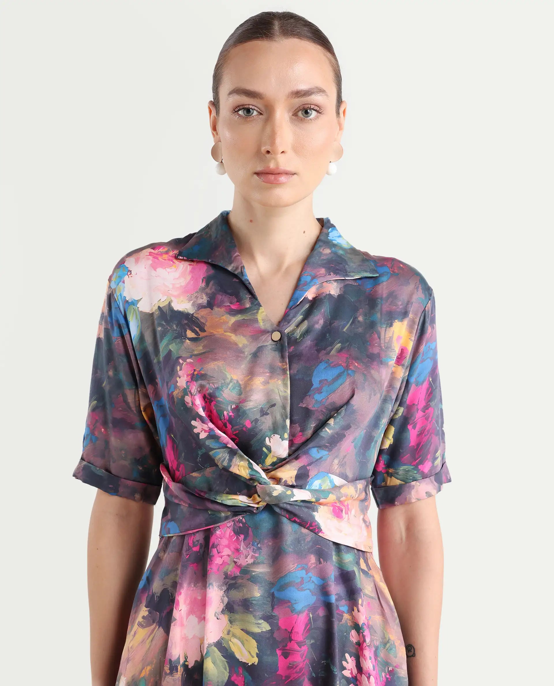 Rareism Women's Buzhi Multi Cotton Blend Spread Collar Floral Print Midi Fit And Flare Dress