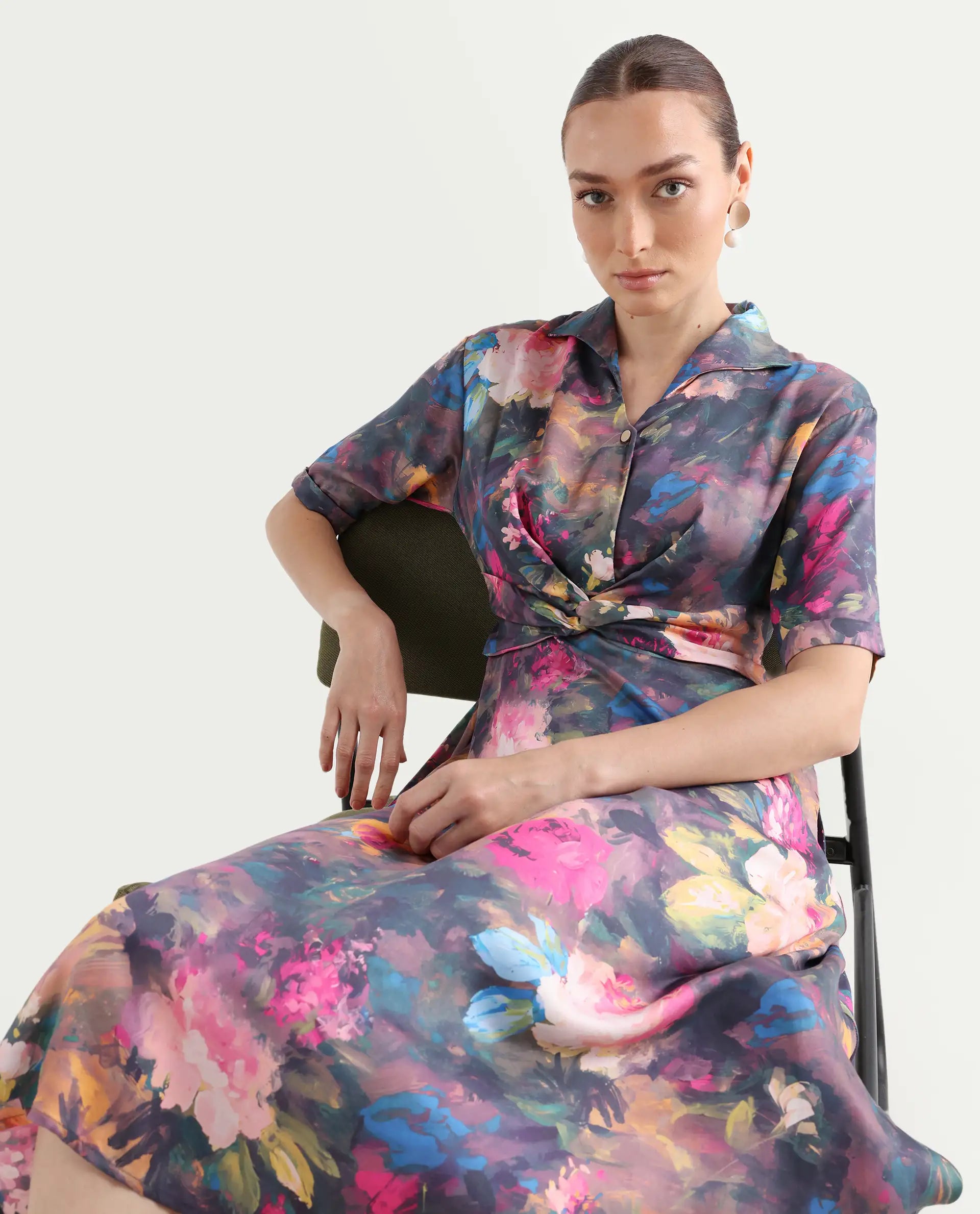 Rareism Women's Buzhi Multi Cotton Blend Spread Collar Floral Print Midi Fit And Flare Dress