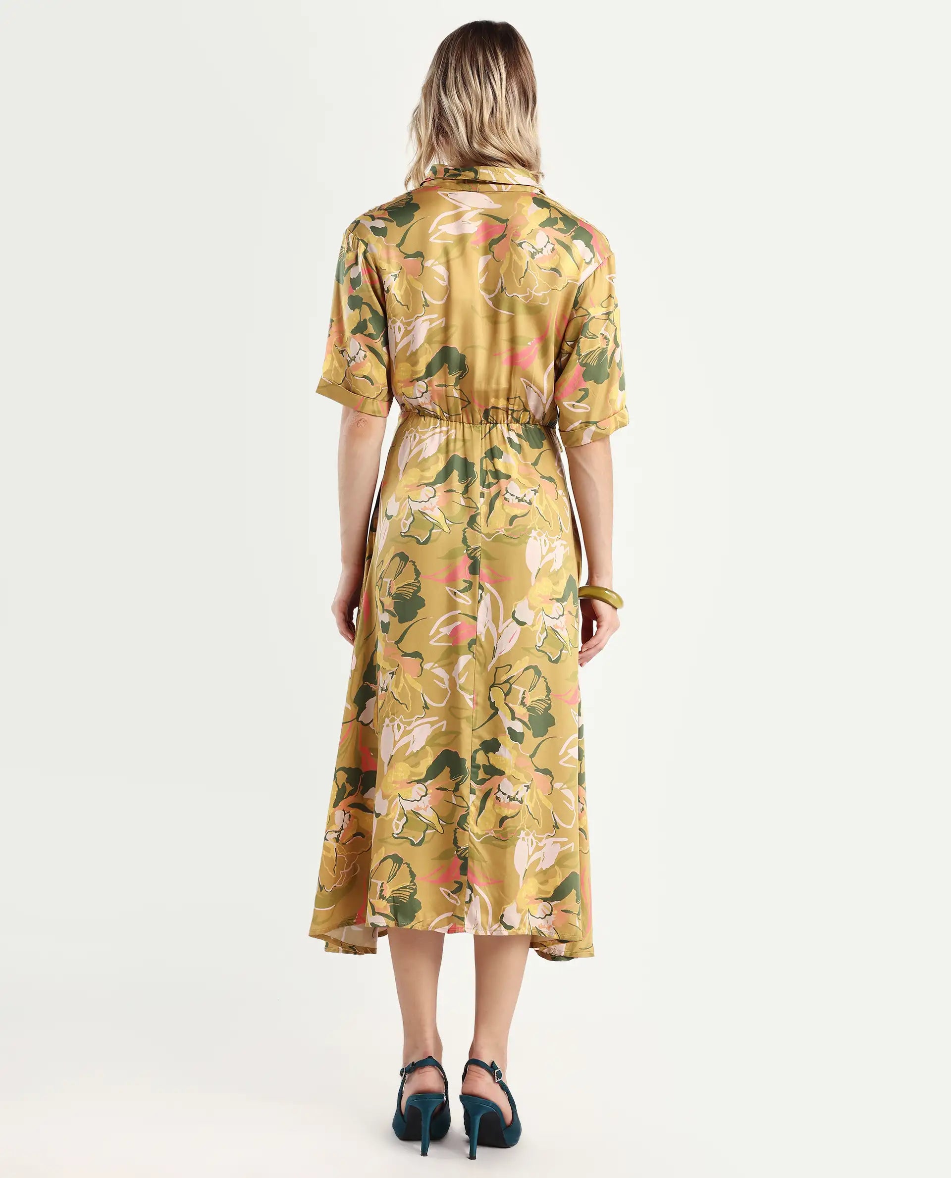 Rareism Women's Buzhip Multi Cotton Blend Drop Collar Floral Print Midi Fit And Flare Dress