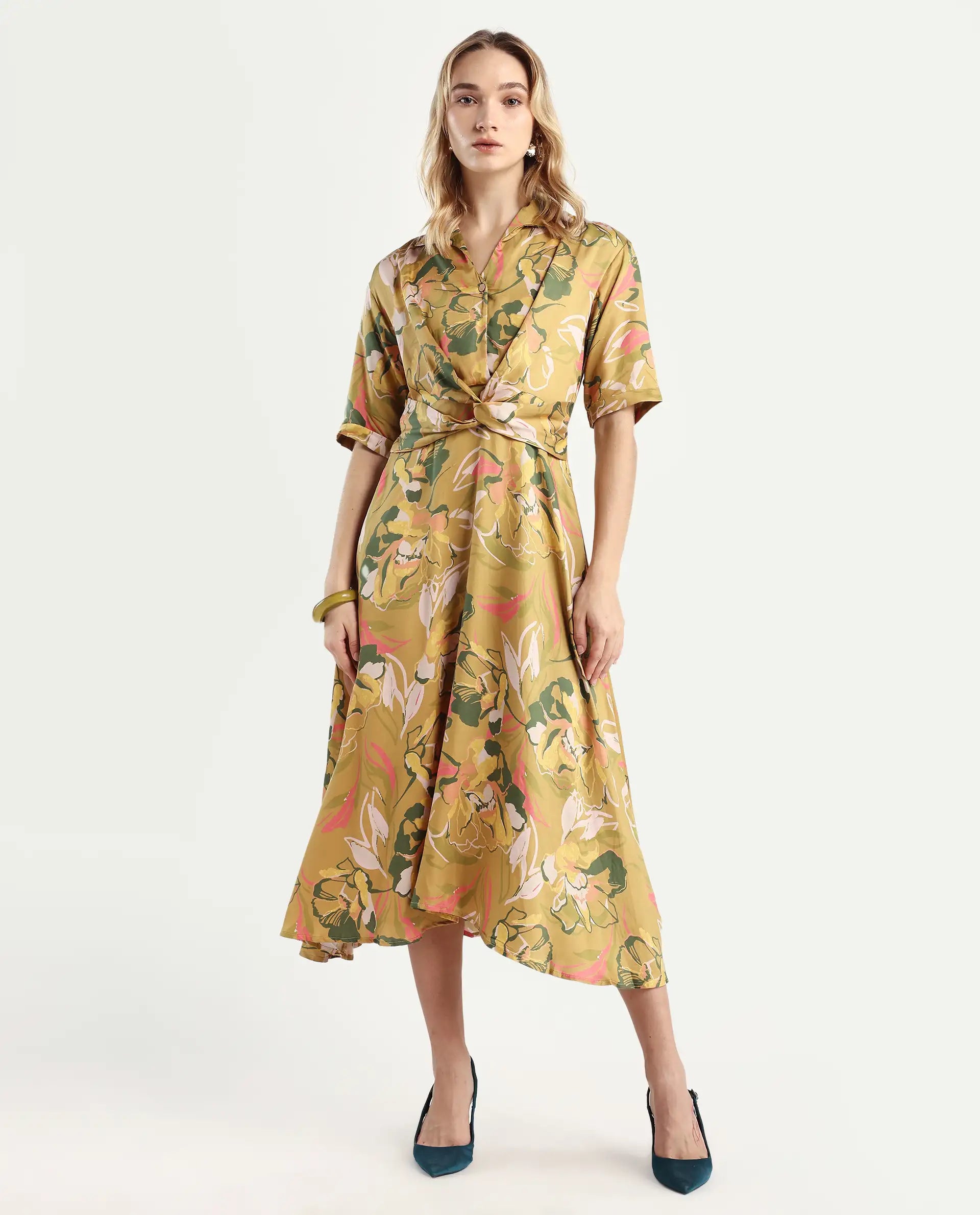 Rareism Women's Buzhip Multi Cotton Blend Drop Collar Floral Print Midi Fit And Flare Dress