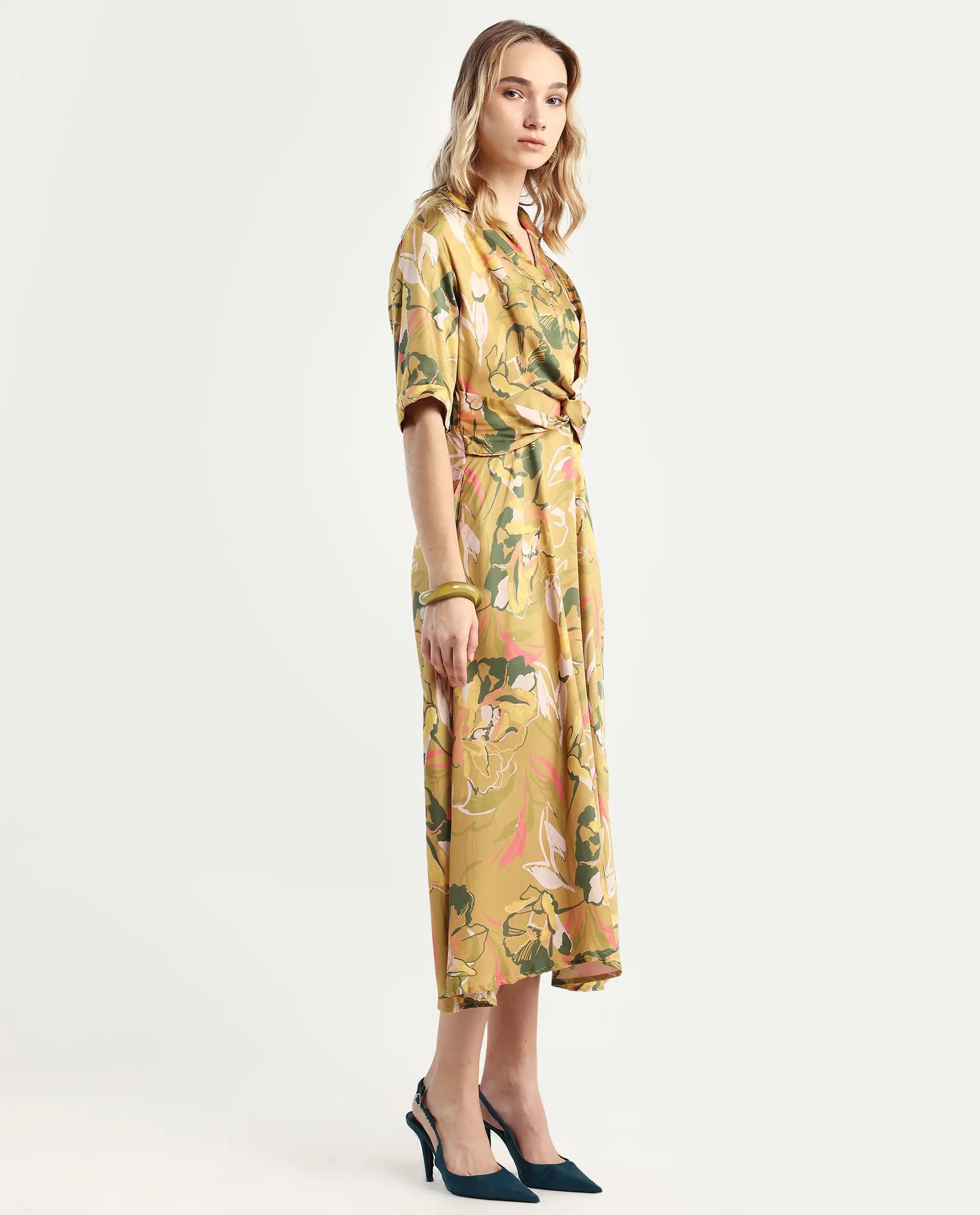 Rareism Women's Buzhip Multi Cotton Blend Drop Collar Floral Print Midi Fit And Flare Dress