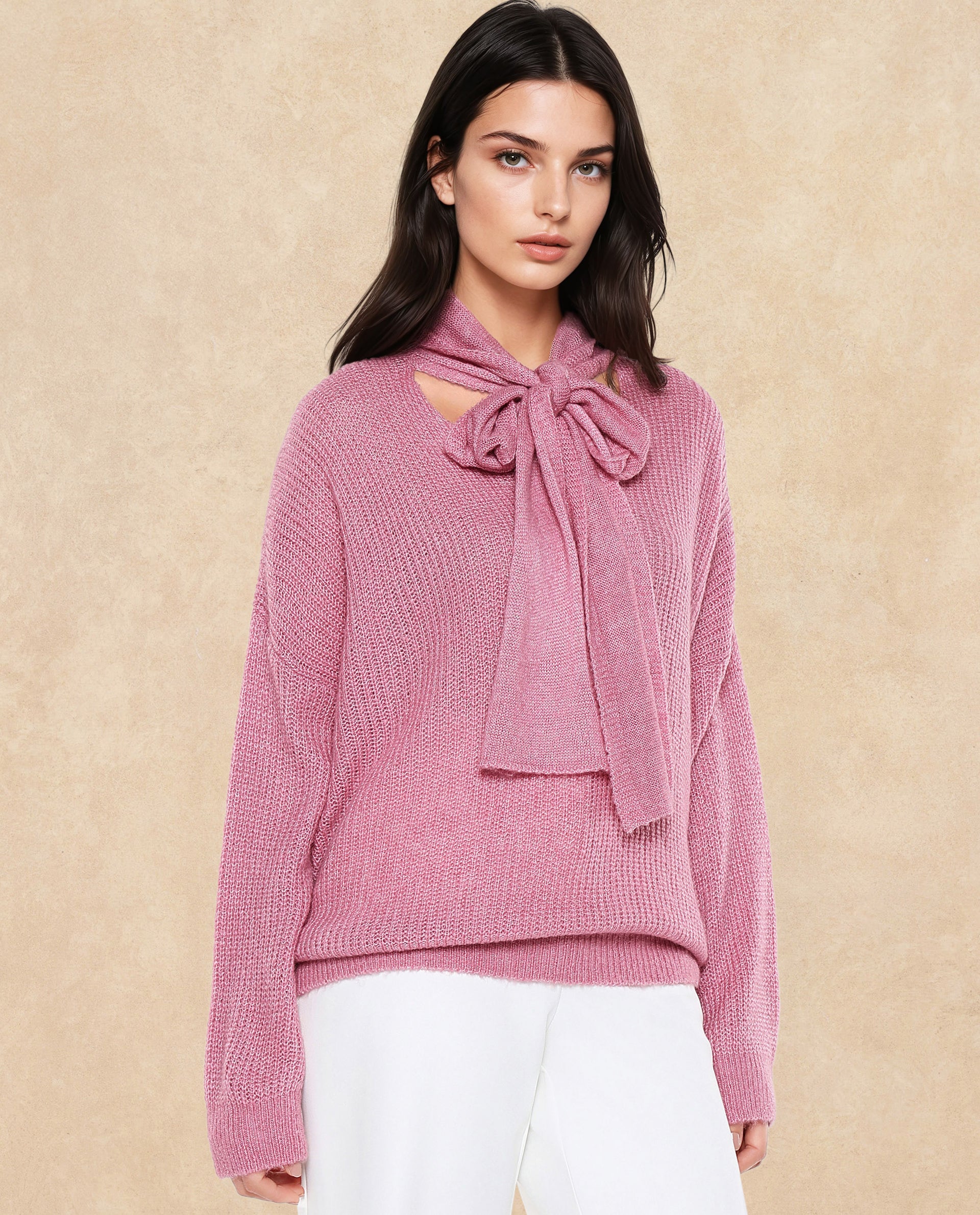 Rareism Women Buzz Light Pink Acrylic Nylon Fabric Oversized Fit Plain Sweater