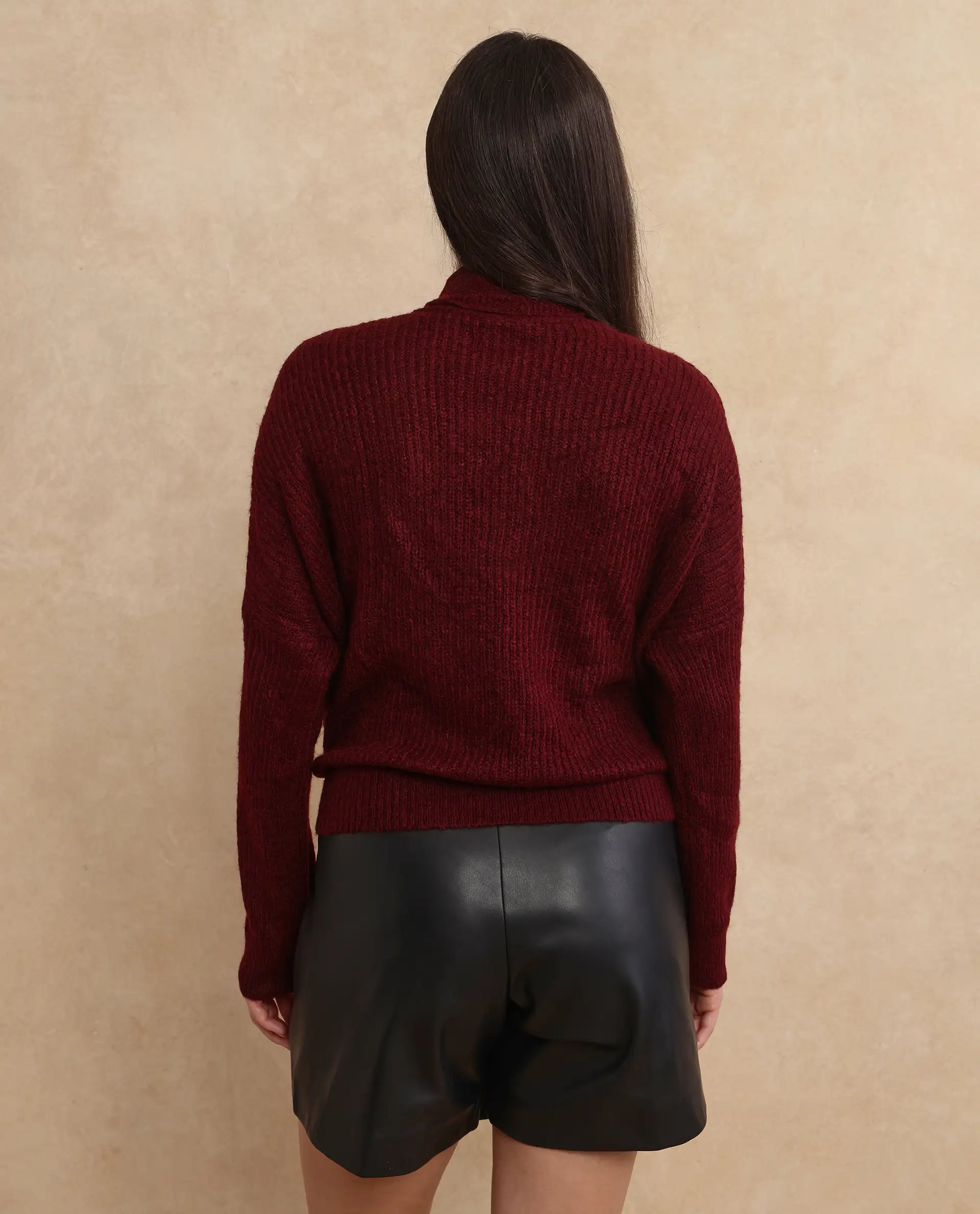 Rareism Women Buzz Maroon Acrylic Nylon Fabric Oversized Fit Plain Sweater